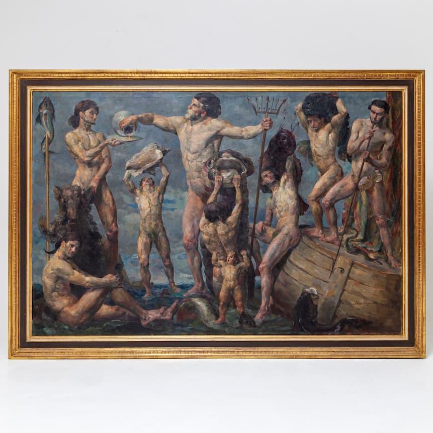 Pintura de gran formato de una escena mitológica con referencias a Tritón y otras criaturas marinas, así como a figuras masculinas desnudas, de Aksel Jorgensen (1887 Copenhague - 1957, ibíd.). El cuadro está firmado abajo a la derecha y fechado en