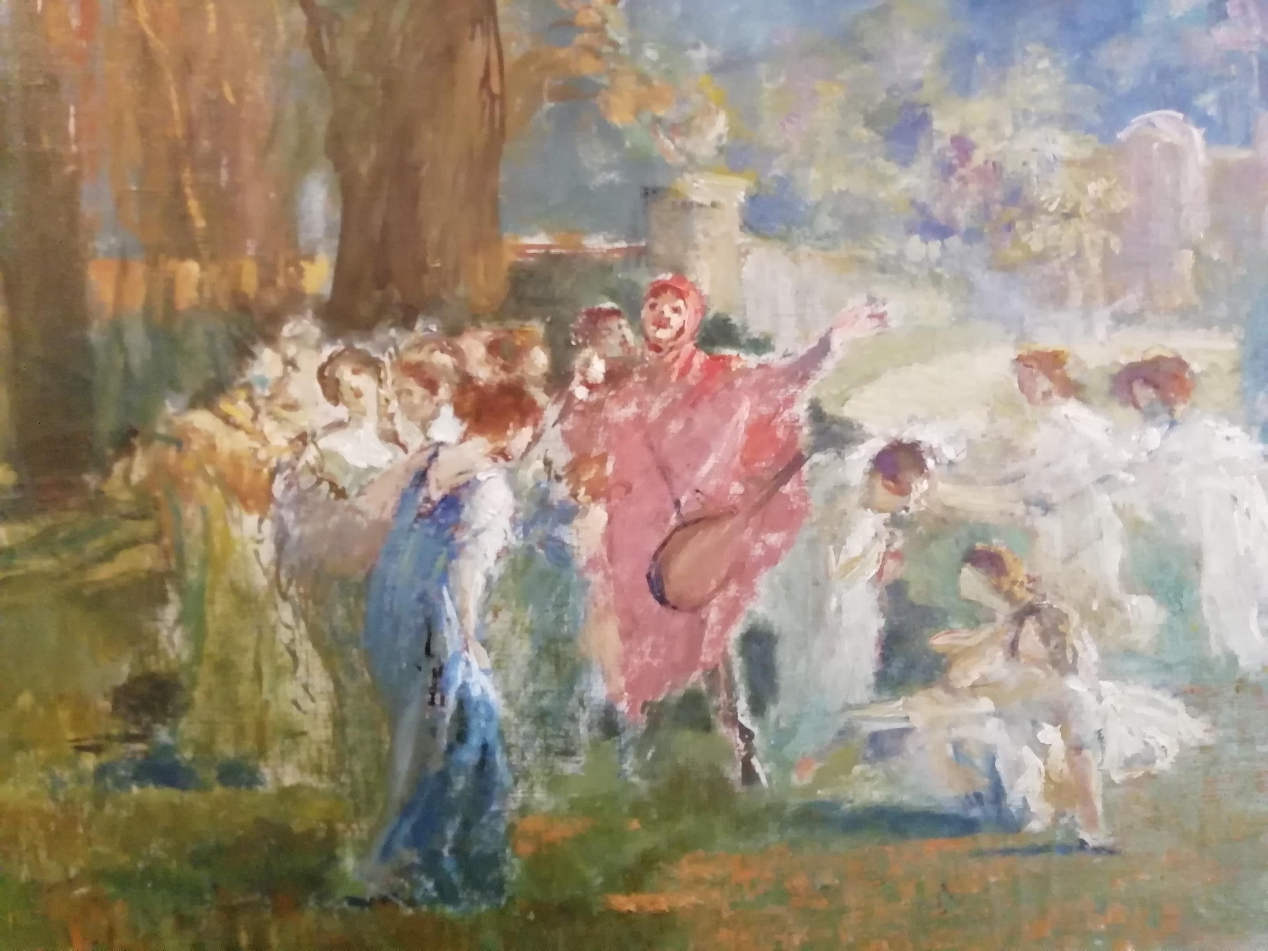 Oiled Mythological Scene with Dancing Faun and Muses, Stoppoloni Oil Italian Painting For Sale