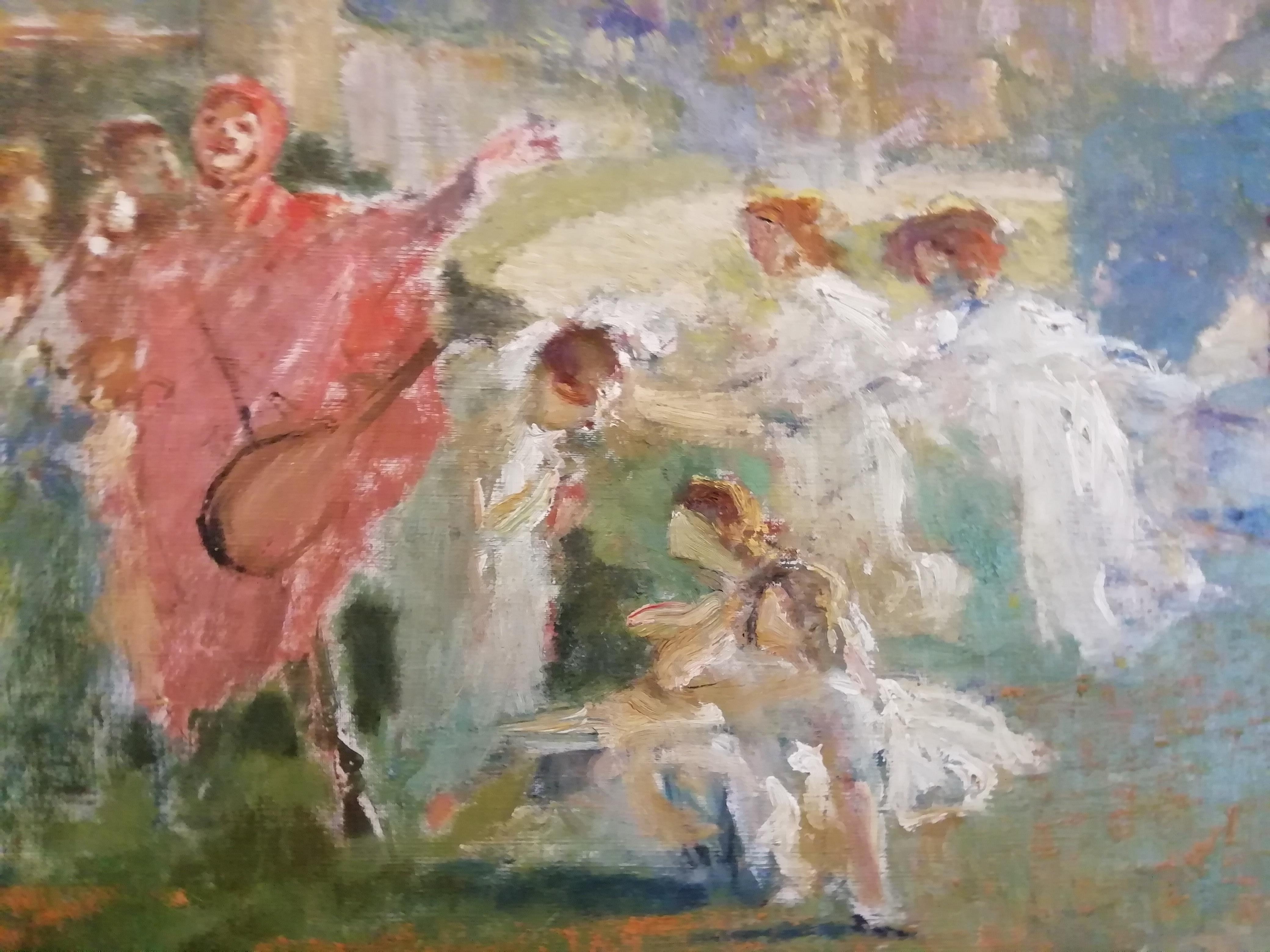 Mythological Scene with Dancing Faun and Muses, Stoppoloni Oil Italian Painting In Good Condition For Sale In Rome, Italy