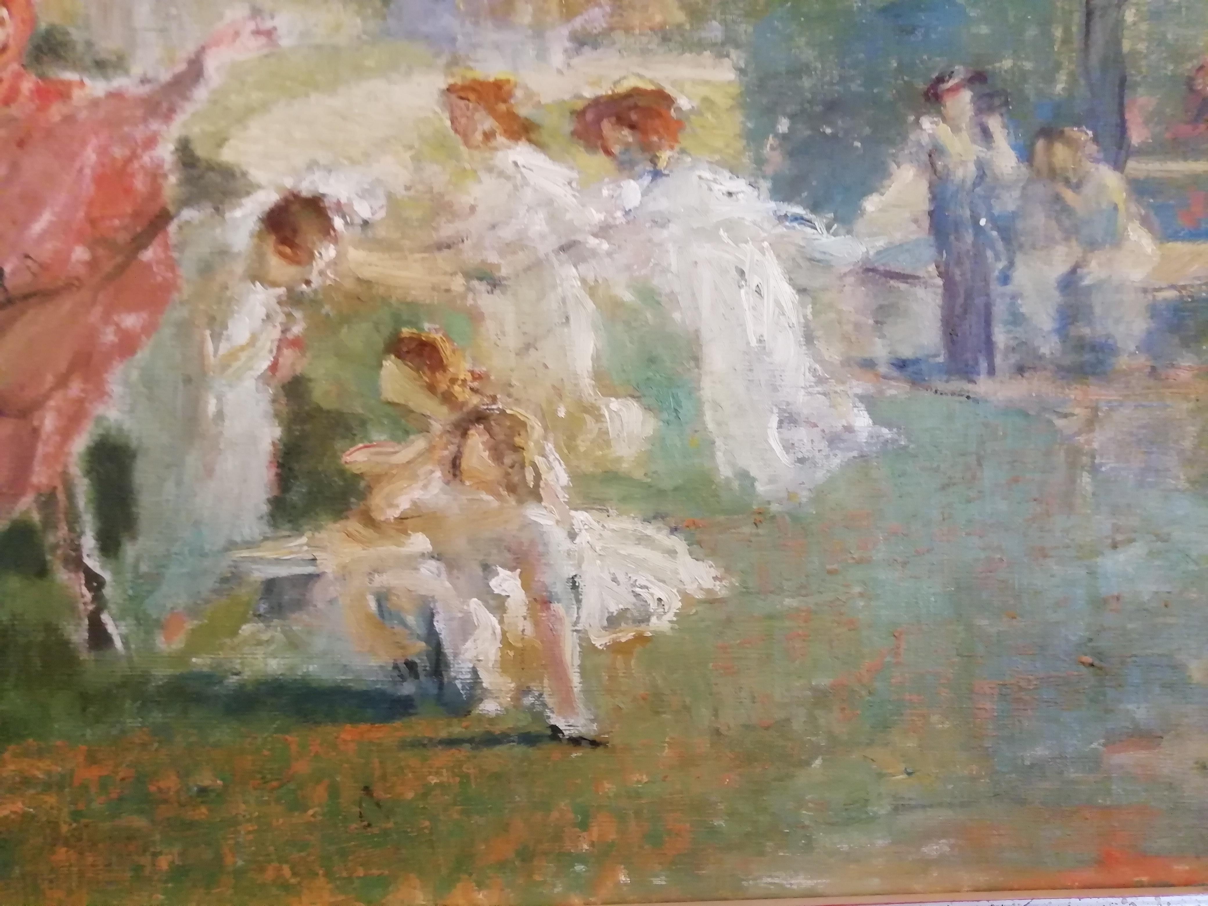 Late 19th Century Mythological Scene with Dancing Faun and Muses, Stoppoloni Oil Italian Painting For Sale