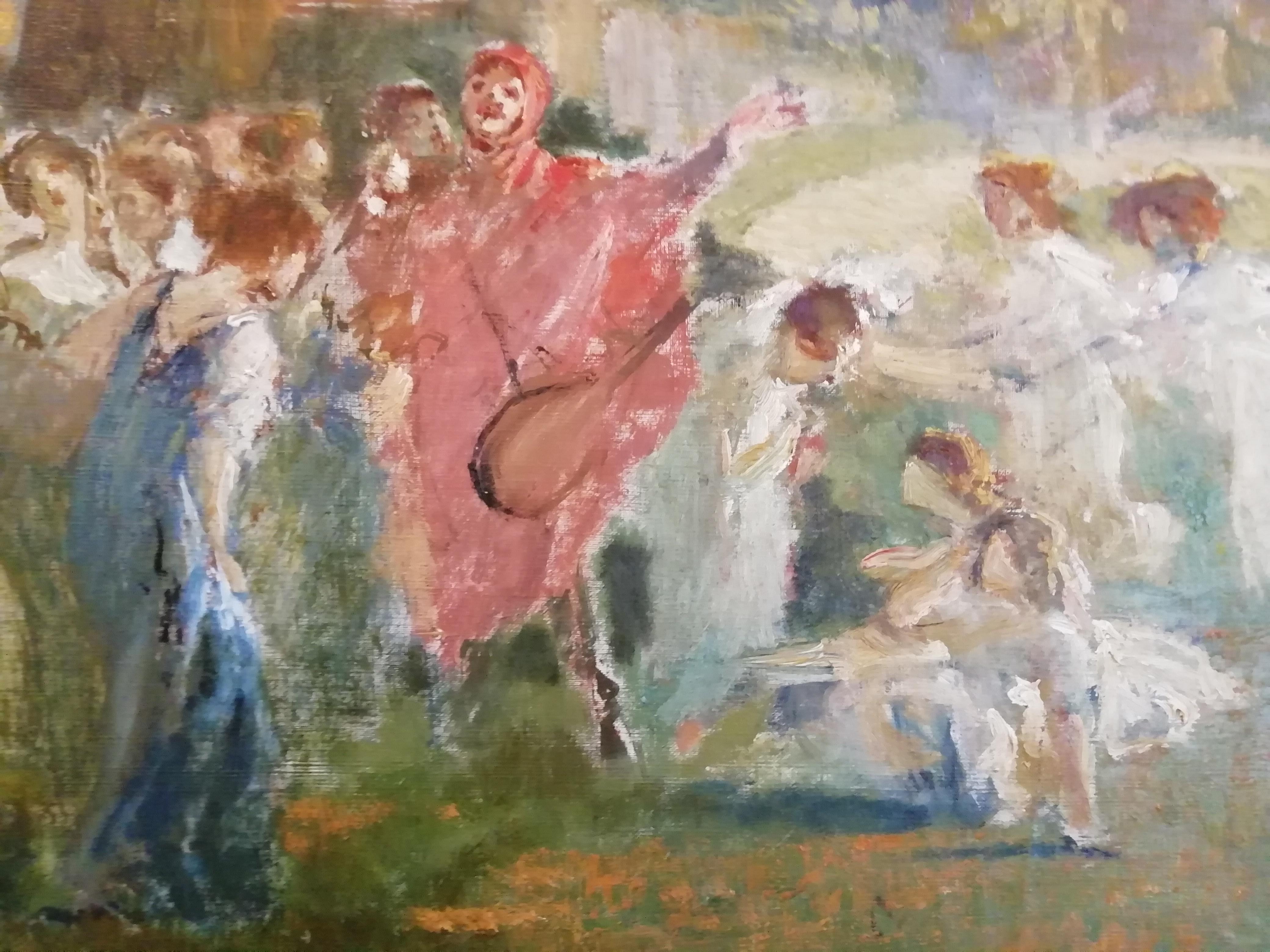 Canvas Mythological Scene with Dancing Faun and Muses, Stoppoloni Oil Italian Painting For Sale