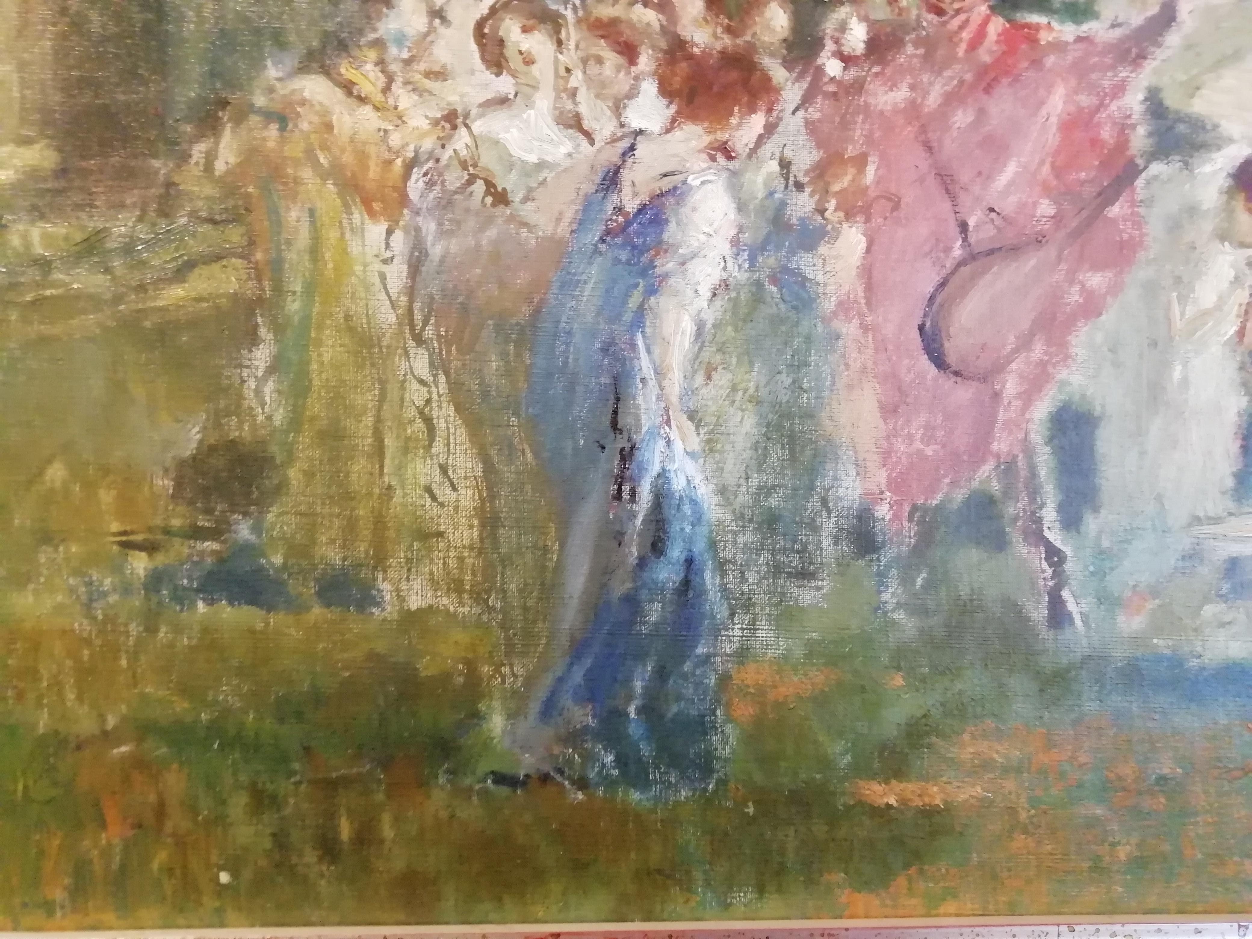 Mythological Scene with Dancing Faun and Muses, Stoppoloni Oil Italian Painting For Sale 1
