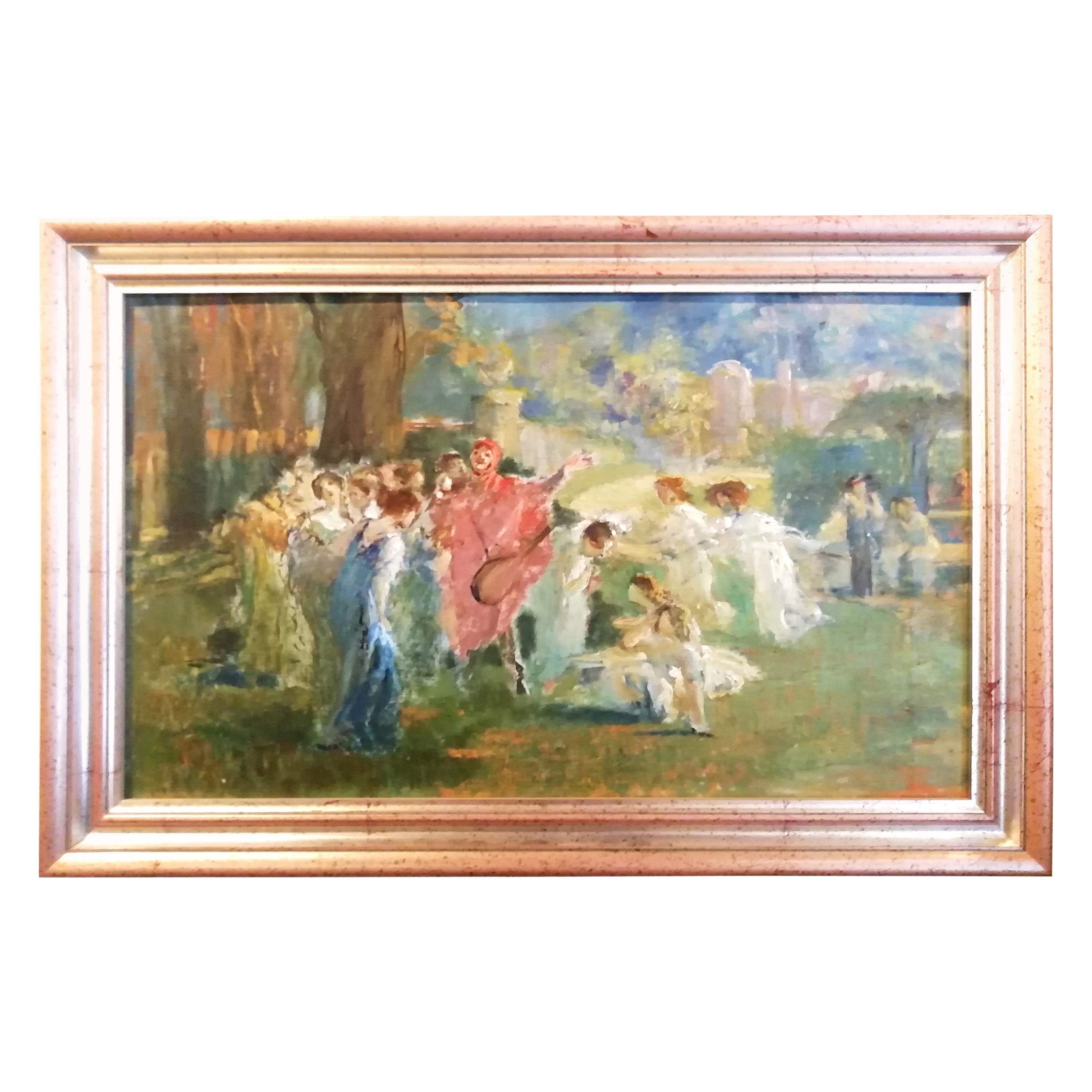 Mythological Scene with Dancing Faun and Muses, Stoppoloni Oil Italian Painting For Sale