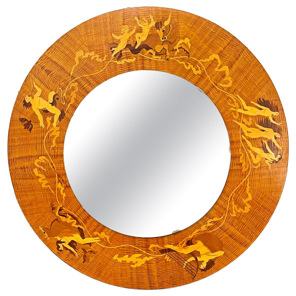 „Mythologische Szenen“, Art-Déco-Spiegel mit Holzintarsien und Triton, Europa, Orpheus