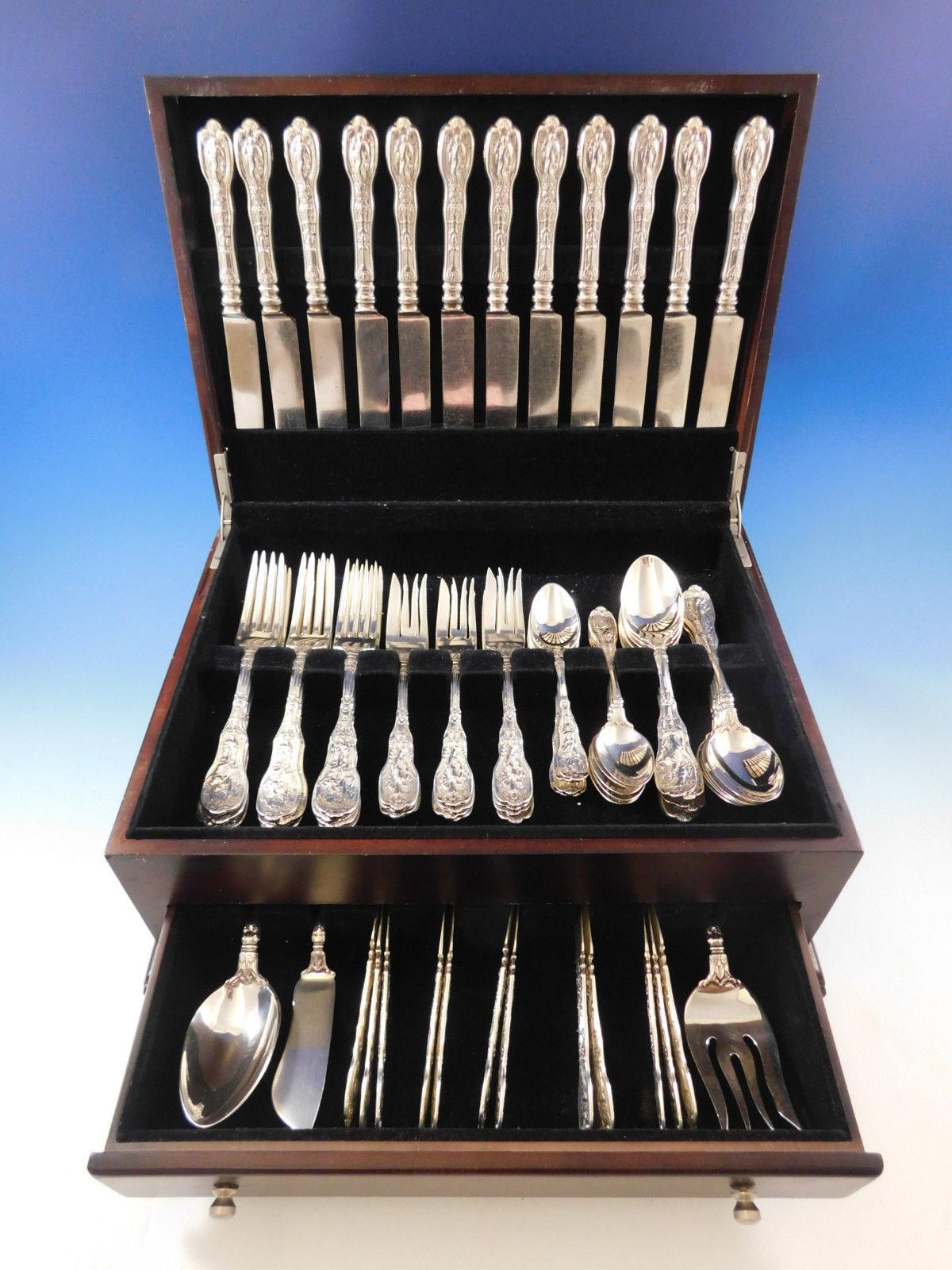 Superb dinner size Mythologique by Gorham sterling silver flatware set, 76 pieces. This set includes:

12 dinner size knives, 9 3/4