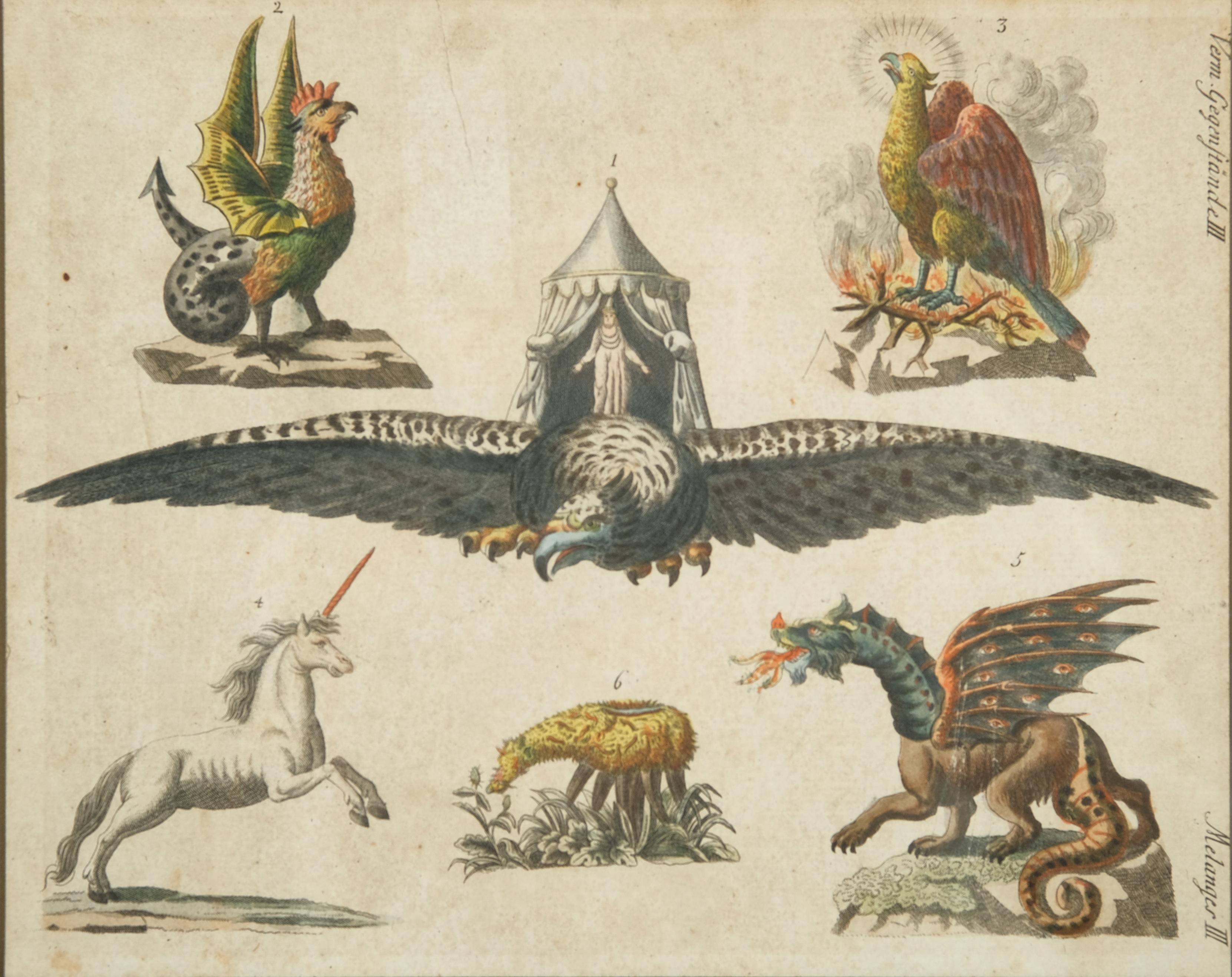 This antique engraving in frame depicts various mythical creatures and heraldic symbols in old original hand-coloring. Itresembles the style of Friedrich Justin Bertuch.

Friedrich Justin Bertuch (1747–1822) was a German publisher and patron of the