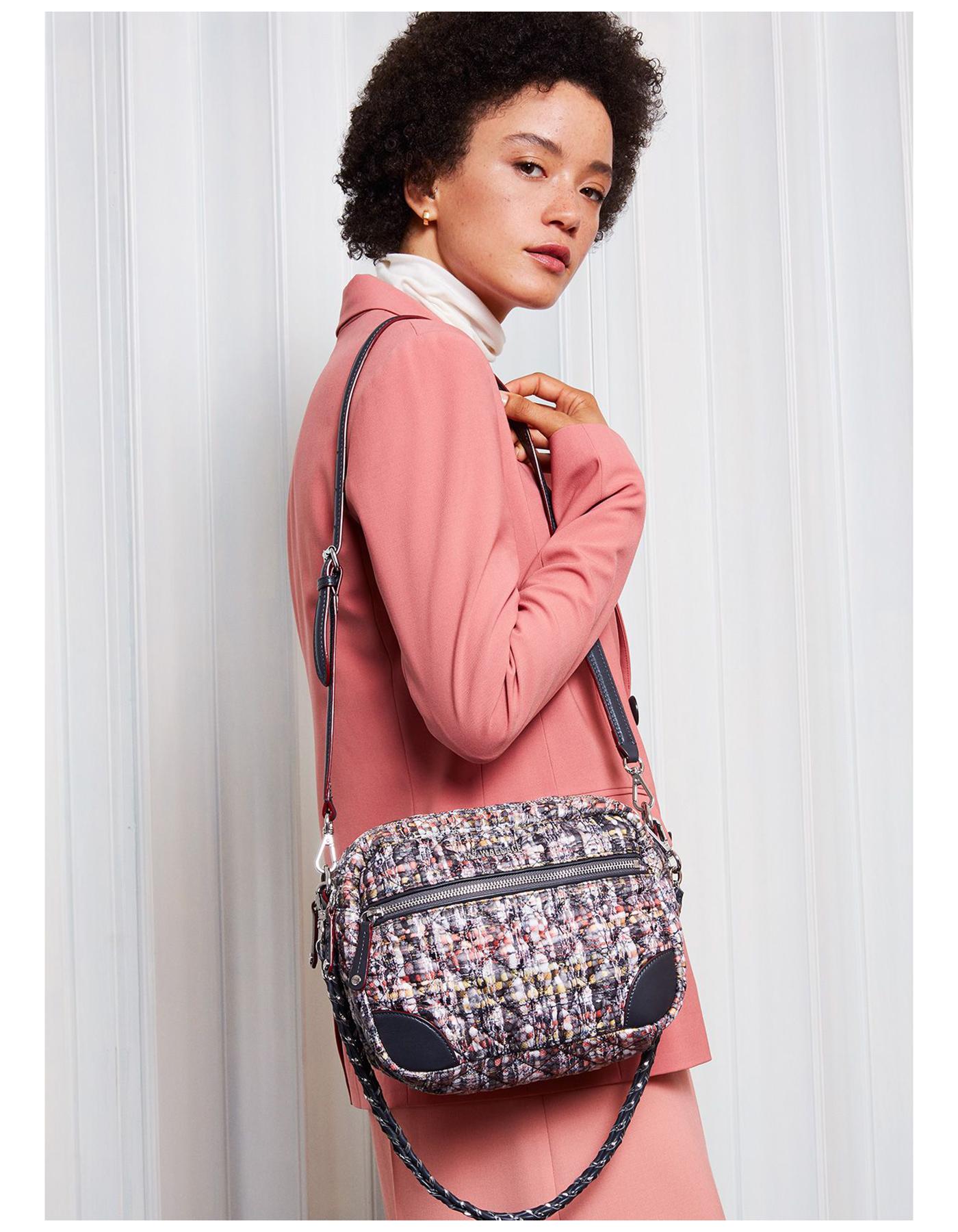 MZ Wallace Boucle Print Nylon Small Crosby Camera Crossbody Bag.  Features three detachable straps.  One silvertone and grey leather chain link shoulder strap, one grey leather adjustable crossbody strap, and one canvas adjustable crossbody