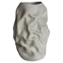 N. 118 White Crumpled Form, Unique Ceramic Sculpture Vessel