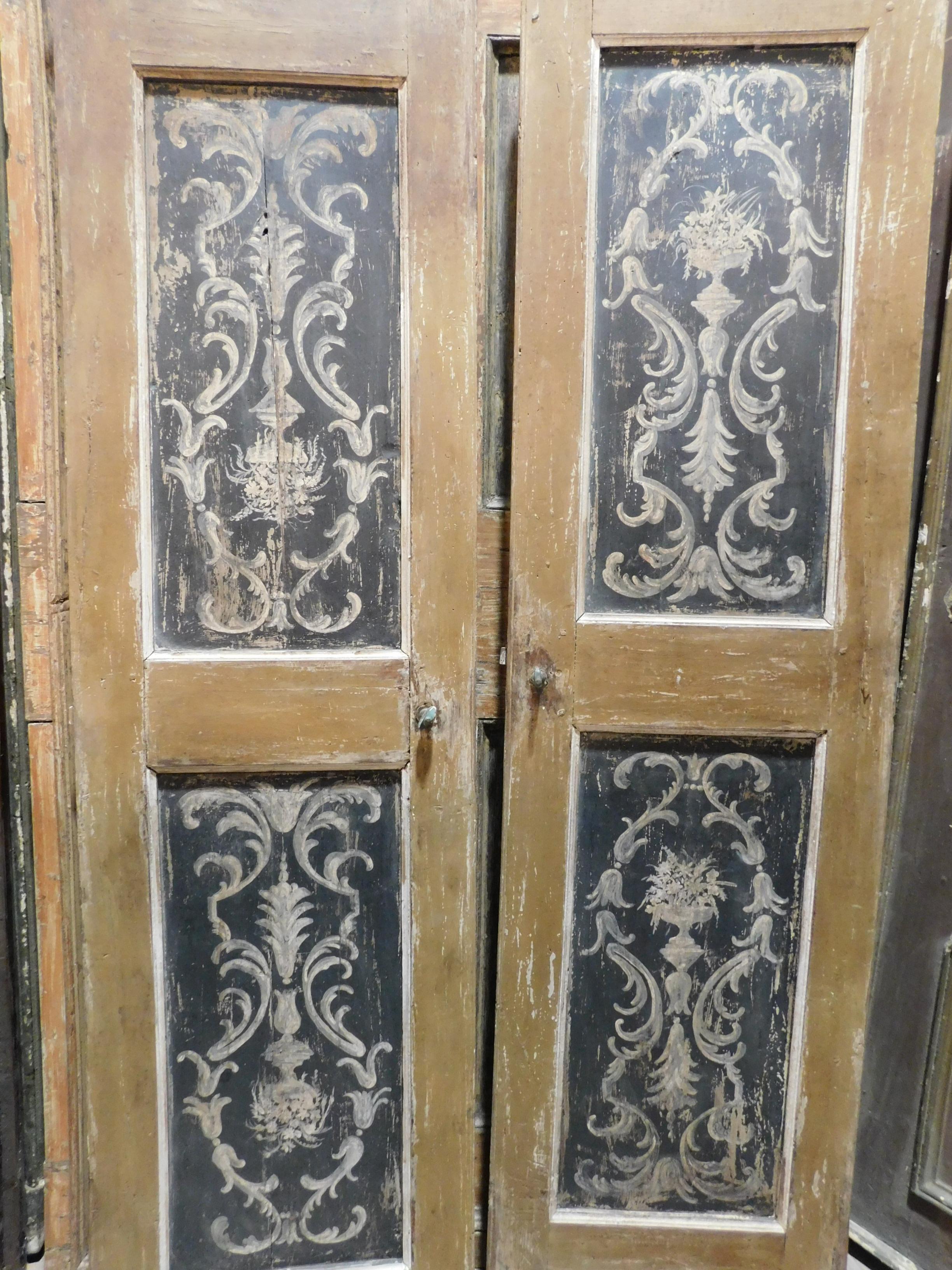 Italian N. 1 Antique Double-Leaf Doors, Hand Painted Orange Black, 18th Century, Italy