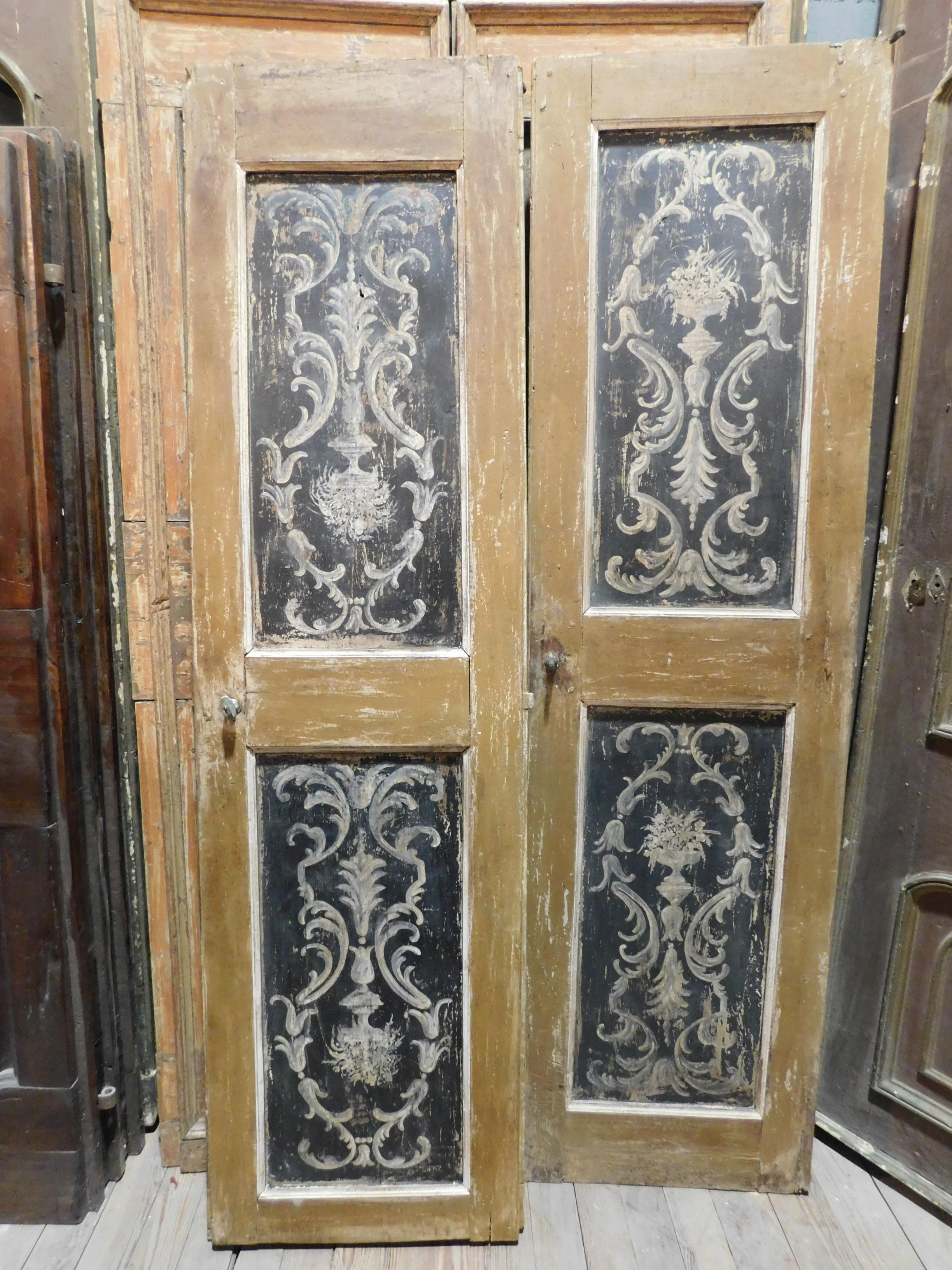 Hand-Painted N. 1 Antique Double-Leaf Doors, Hand Painted Orange Black, 18th Century, Italy