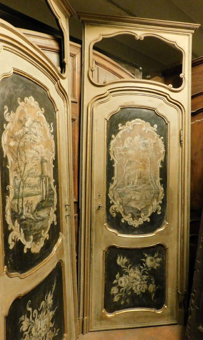 Italian N. 2 internal doors in walnut and richly painted with frame and overdoor, Italy For Sale
