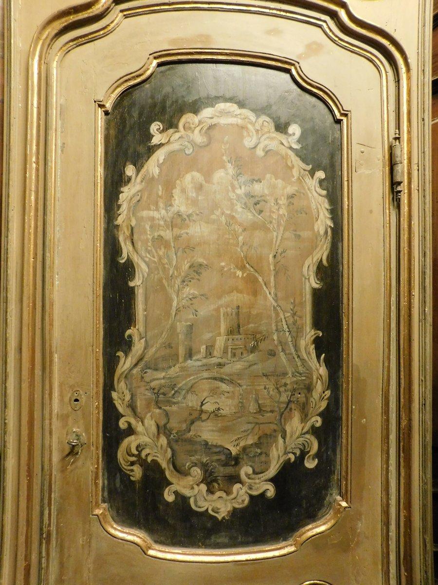 Hand-Painted N. 2 internal doors in walnut and richly painted with frame and overdoor, Italy For Sale