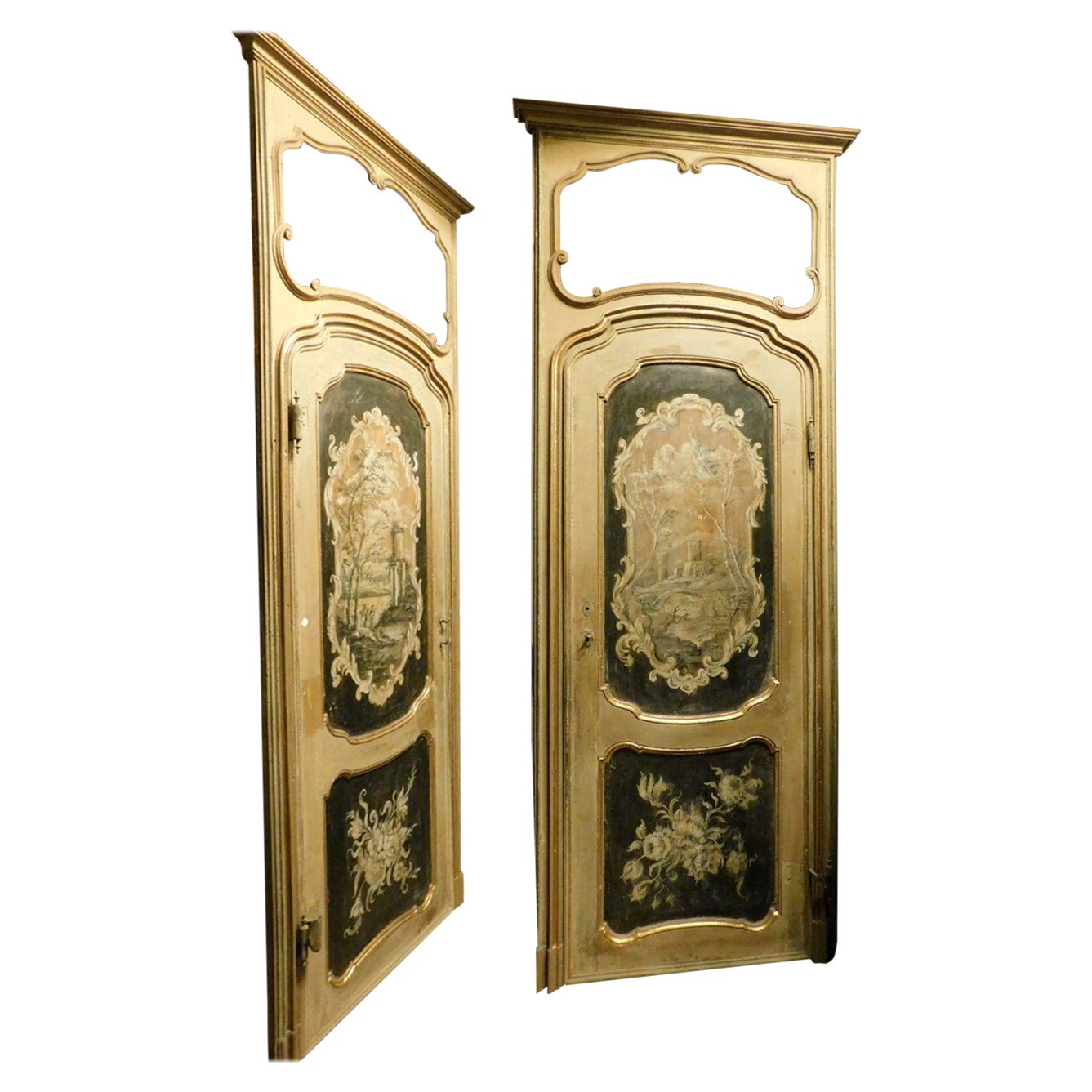 N. 2 internal doors in walnut and richly painted with frame and overdoor, Italy For Sale