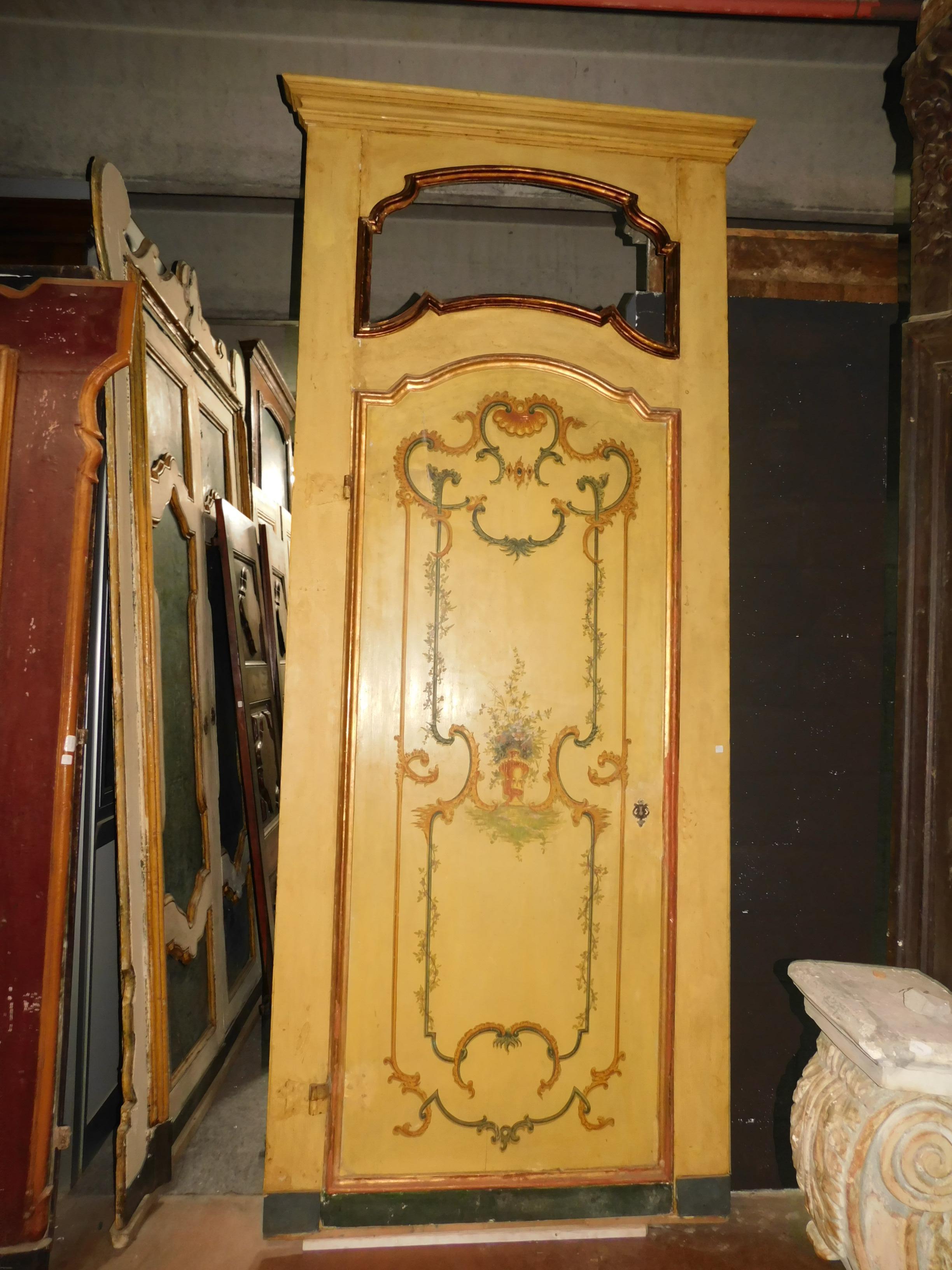 N. 3 Antique yellow and gold lacquered doors, with frame and door with golden frames and handmade floral paintings. From an Italian artist.
epoch second half eighteenth century, from Piedmontese castle (northern Italy).
max. Size125 x H 310, door