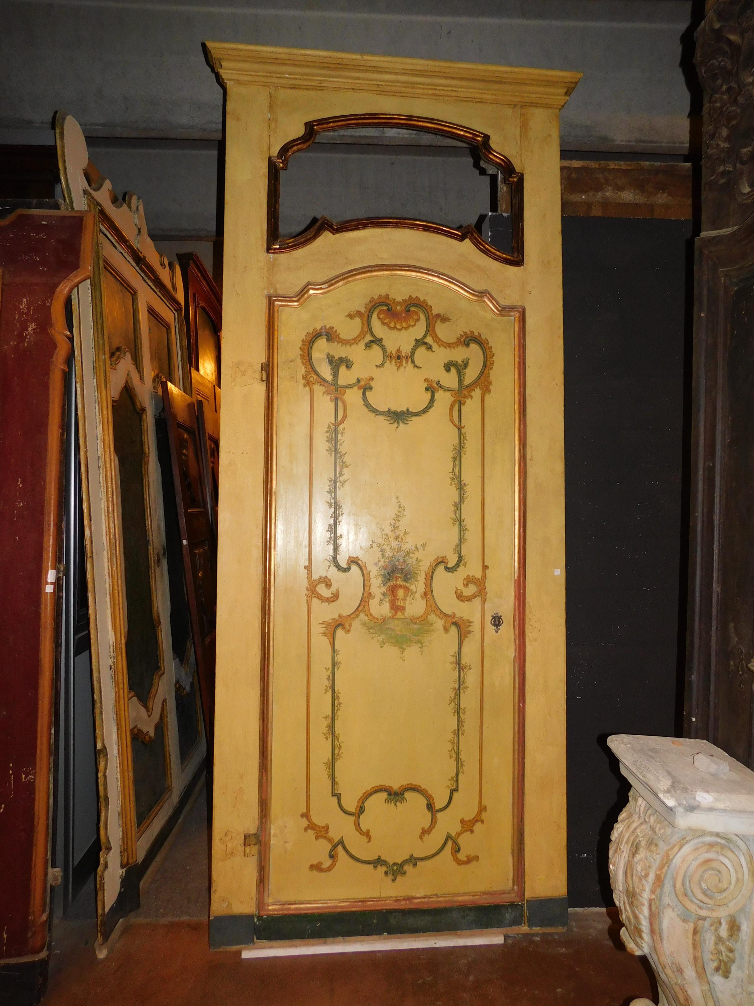18th Century N. 3 Antique Yellow and Gold Lacquered Doors, Handmade Floral Painture, 1700