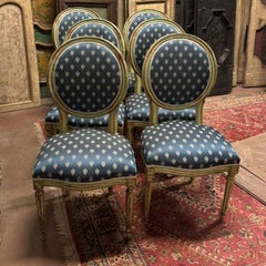 No. 6 Louis XVI style chairs, white lacquer with blue lily fabric, Italy