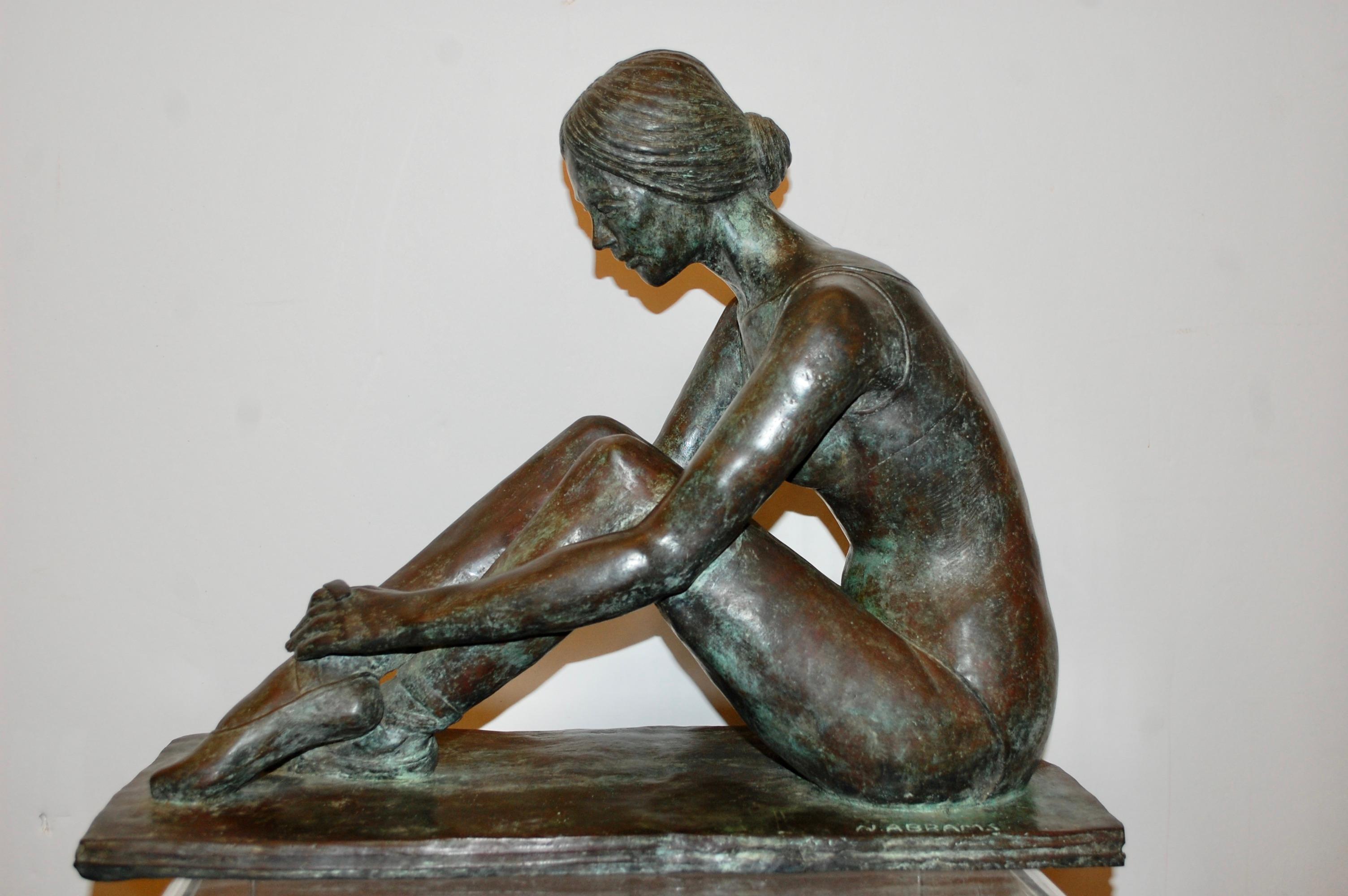 N. Abrams Figurative Sculpture -  Ballerina Tying Shoe Bronze Sculpture