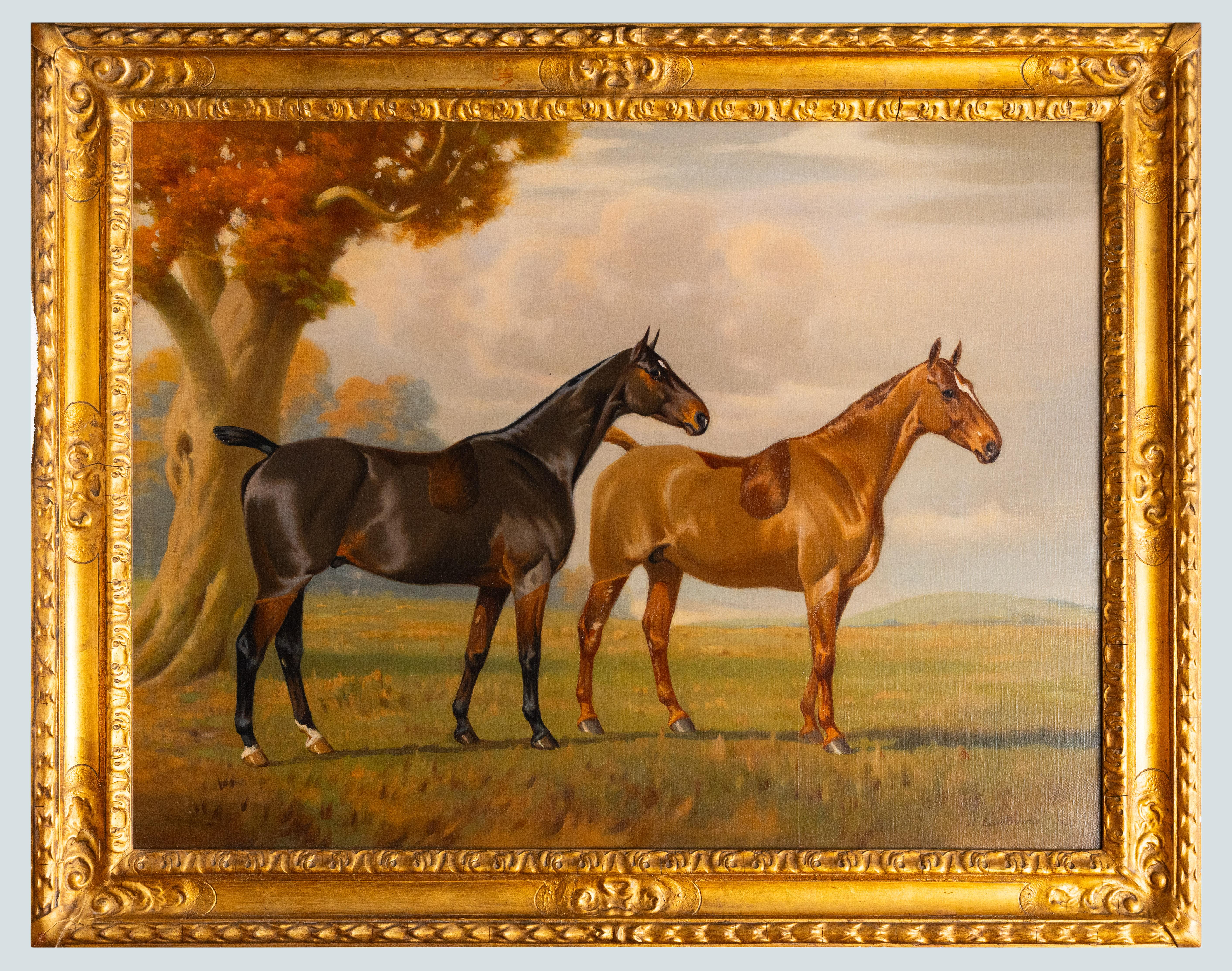  N Blair Brourne Animal Painting - "Two Thoroughbreds in an Autumn Landscape" – Signed N. Blair, Dated 1925