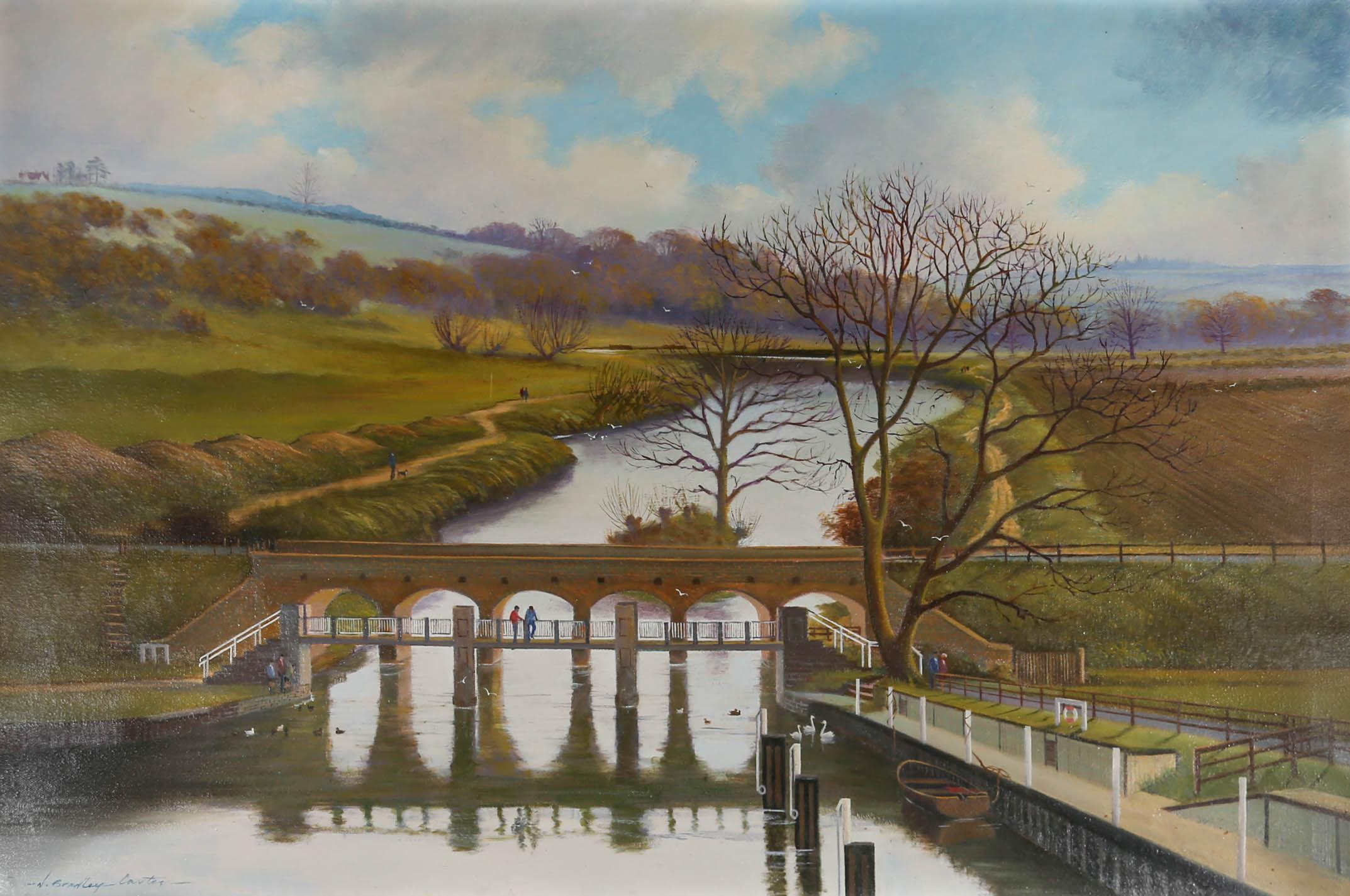 N. Bradley Carter - Olio del XX secolo incorniciato, Passeggiate intorno al fiume in vendita 1