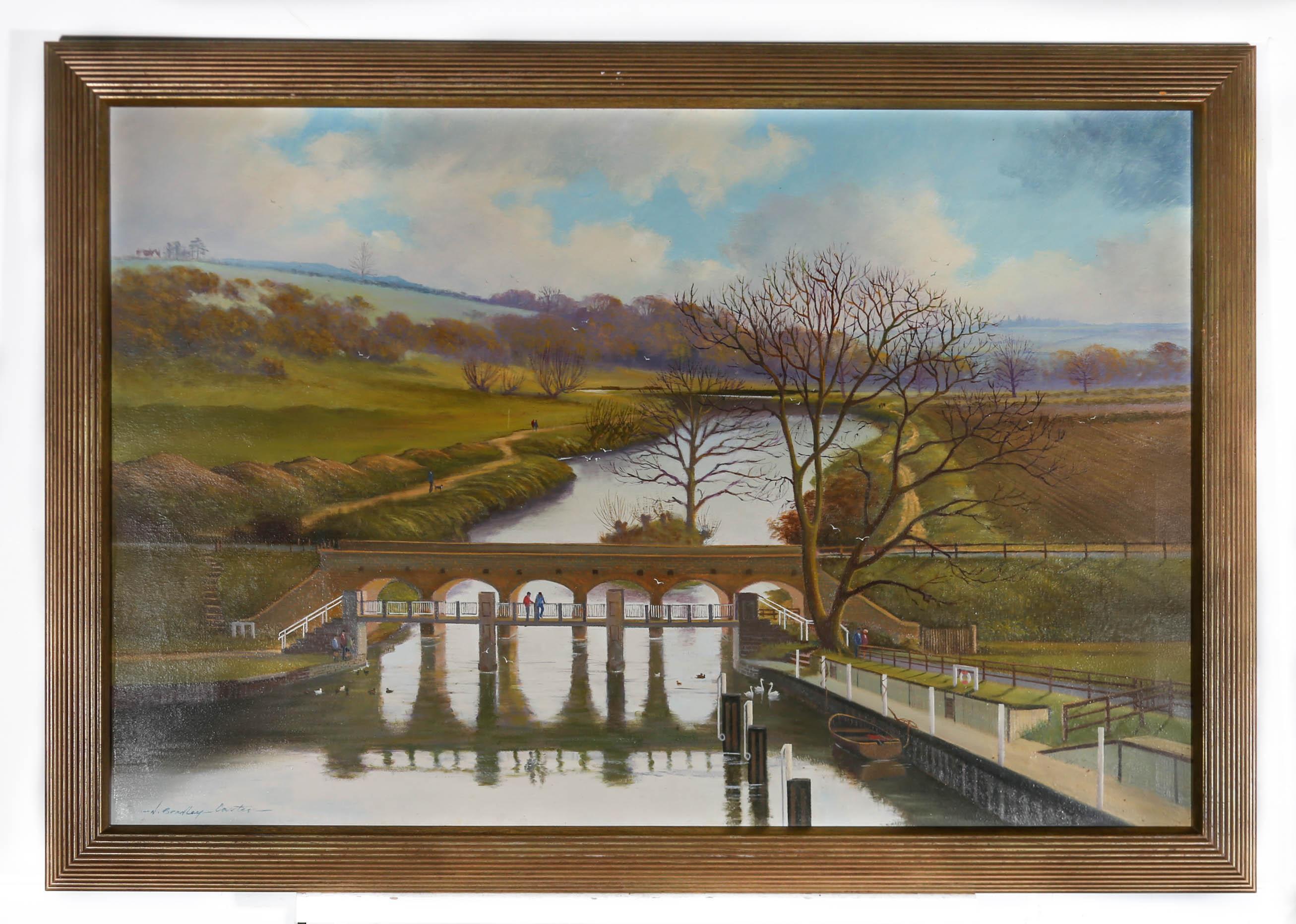N. Bradley Carter - Olio del XX secolo incorniciato, Passeggiate intorno al fiume in vendita 2
