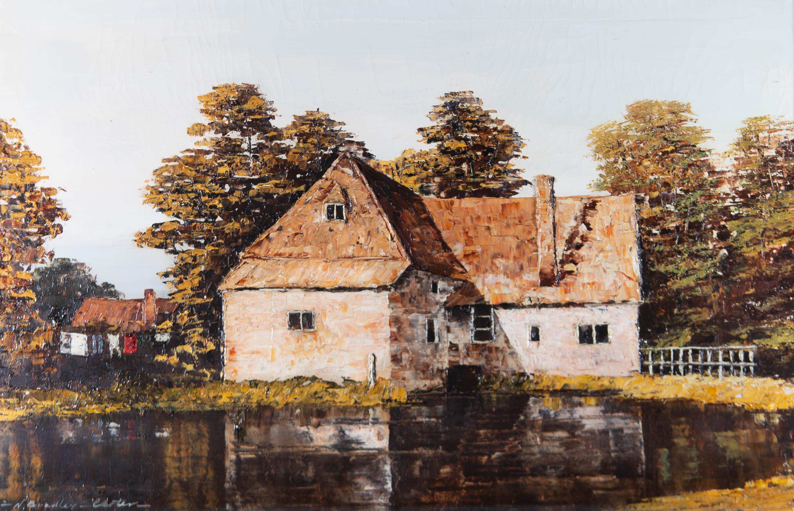 A slightly sepia palette of acrylics is used in a thick, impasto manner to depict an old mill and the mill pond on a still spring afternoon. The artwork is signed in the bottom left-hand corner and is well presented in a white wood frame with a