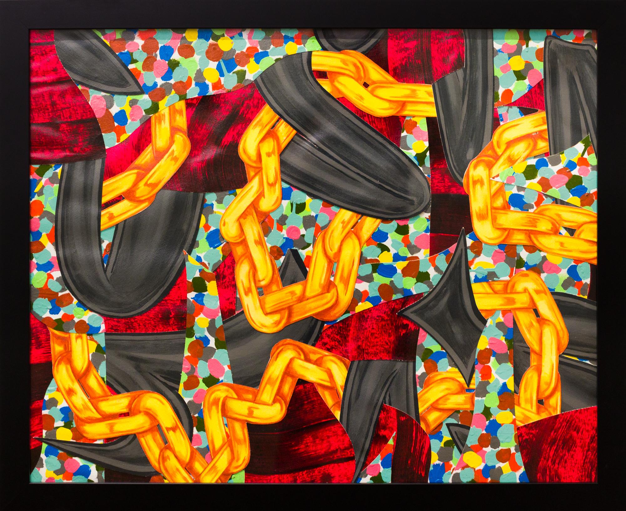 Abstract Painting de NDA - "Escándalo sexual del coche-payaso" I, Textiles collageados, Abstracción geométrica, Técnica mixta