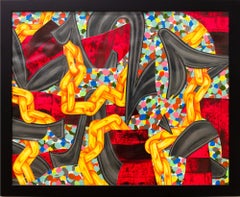 "Escándalo sexual en coche de payasos II", Textiles collageados, Abstracción geométrica, Técnica mixta