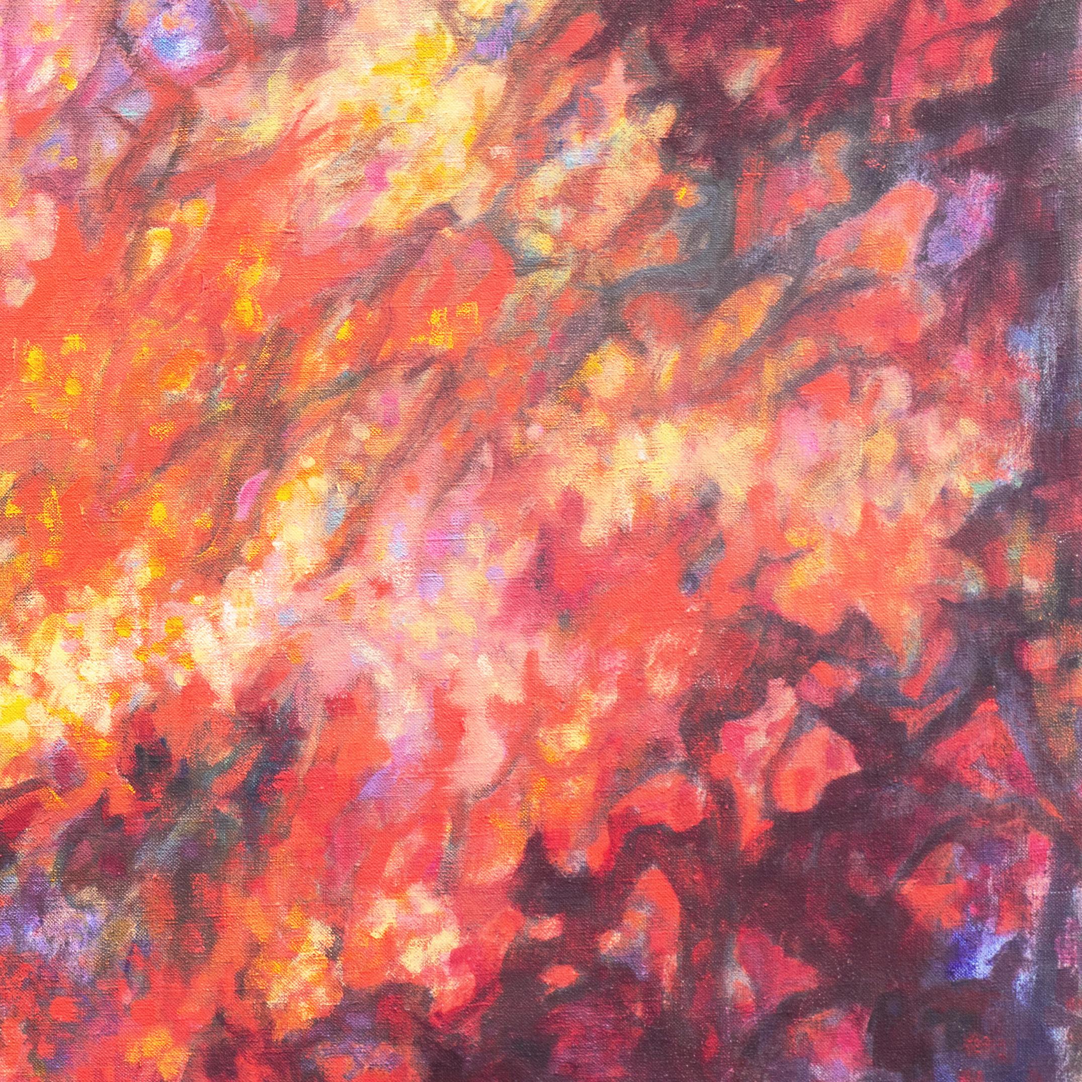 Signed lower right, 'N. Flynn' (American, 20th century) and painted circa 1975.

A large and turbulent oil abstract showing a conflagration of hot colors contrasted against an aubergine background.