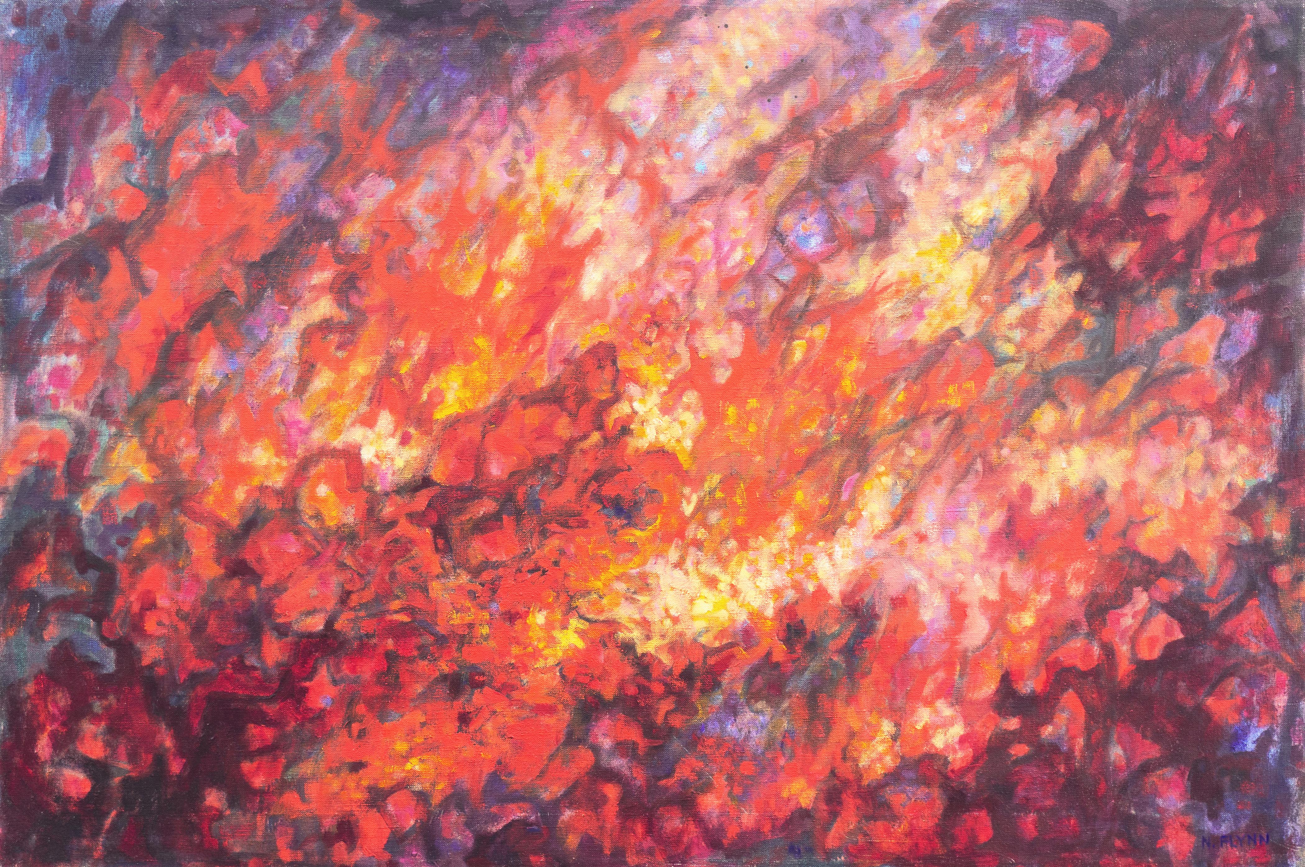 N. Flynn Abstract Painting - 'Abstraction in Coral and Scarlet', American Abstract, 1970's