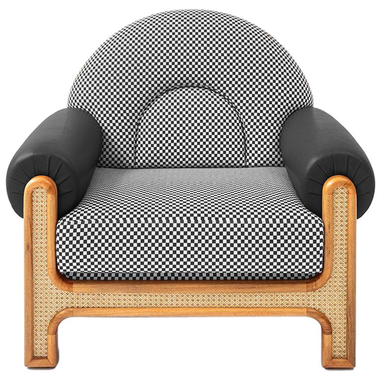 Fauteuil N-Gene avec tissu à carreaux noirs et beiges et cuir noir