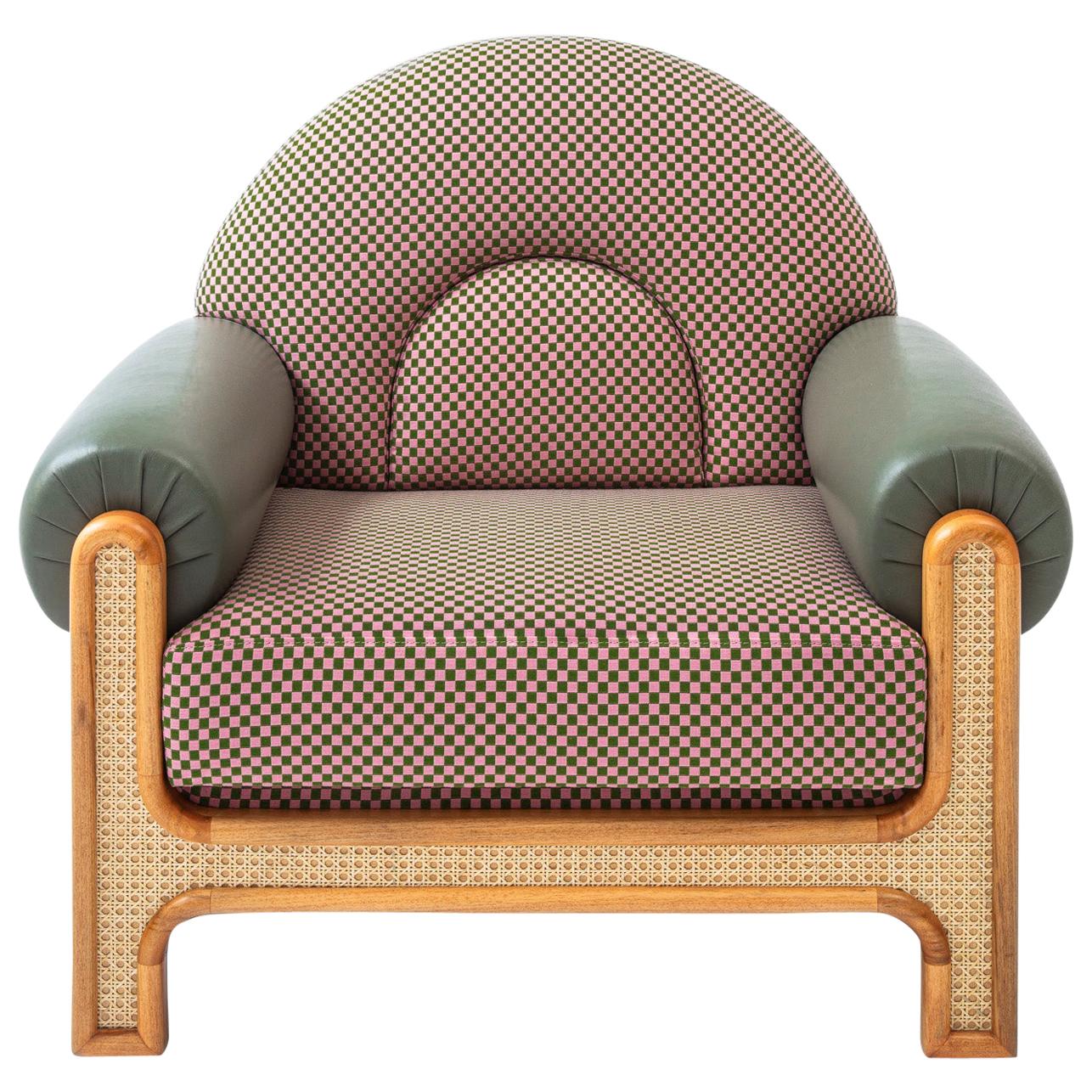 Caning N-Gene Armchair with Blue Checker Fabric and Brown Leather For Sale
