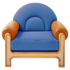 N-Gene Armchair with Blue Checker Fabric and Brown Leather