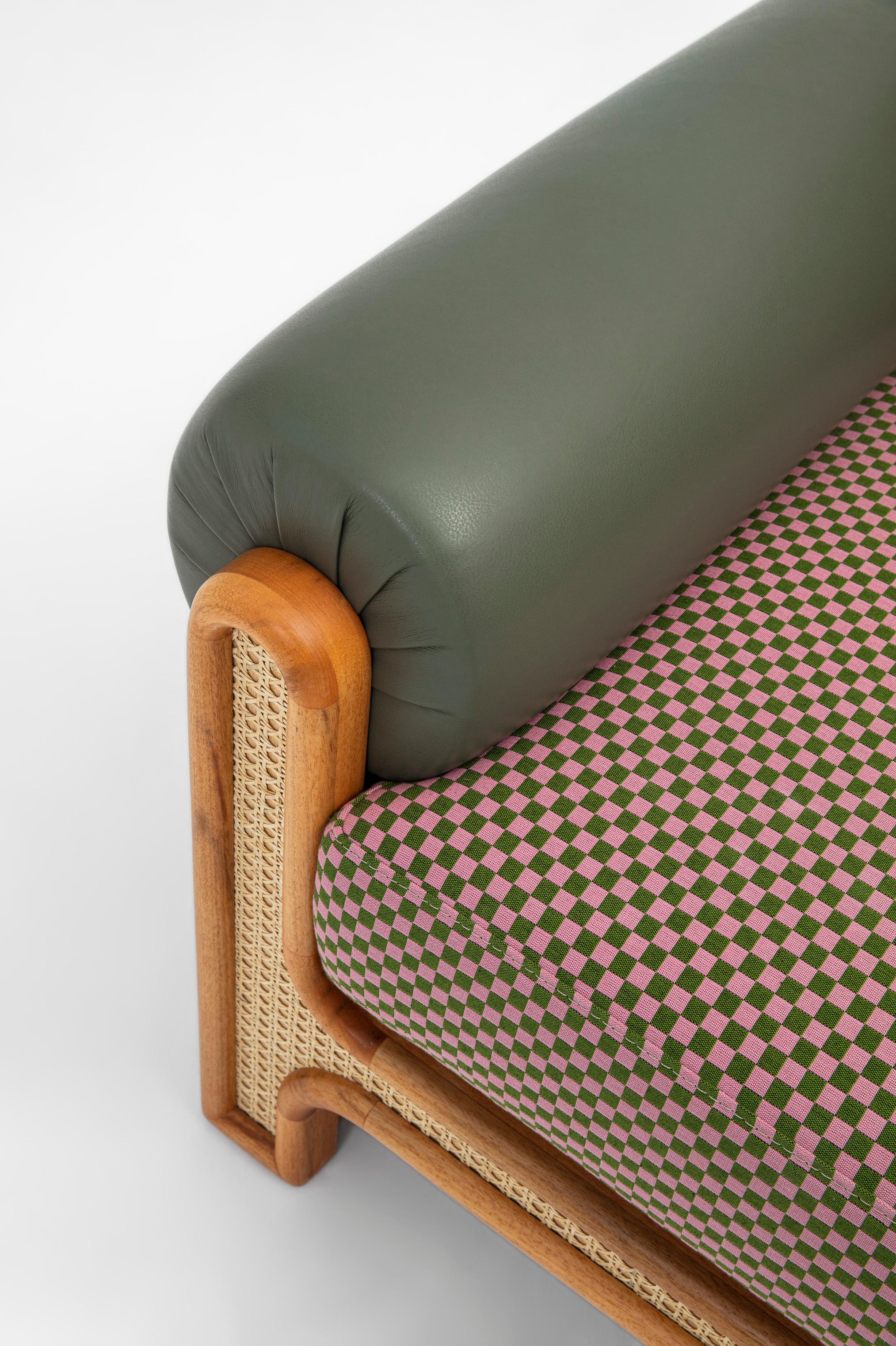 Caning N-Gene Armchair with Cherry Checker Fabric and Olive Leather For Sale