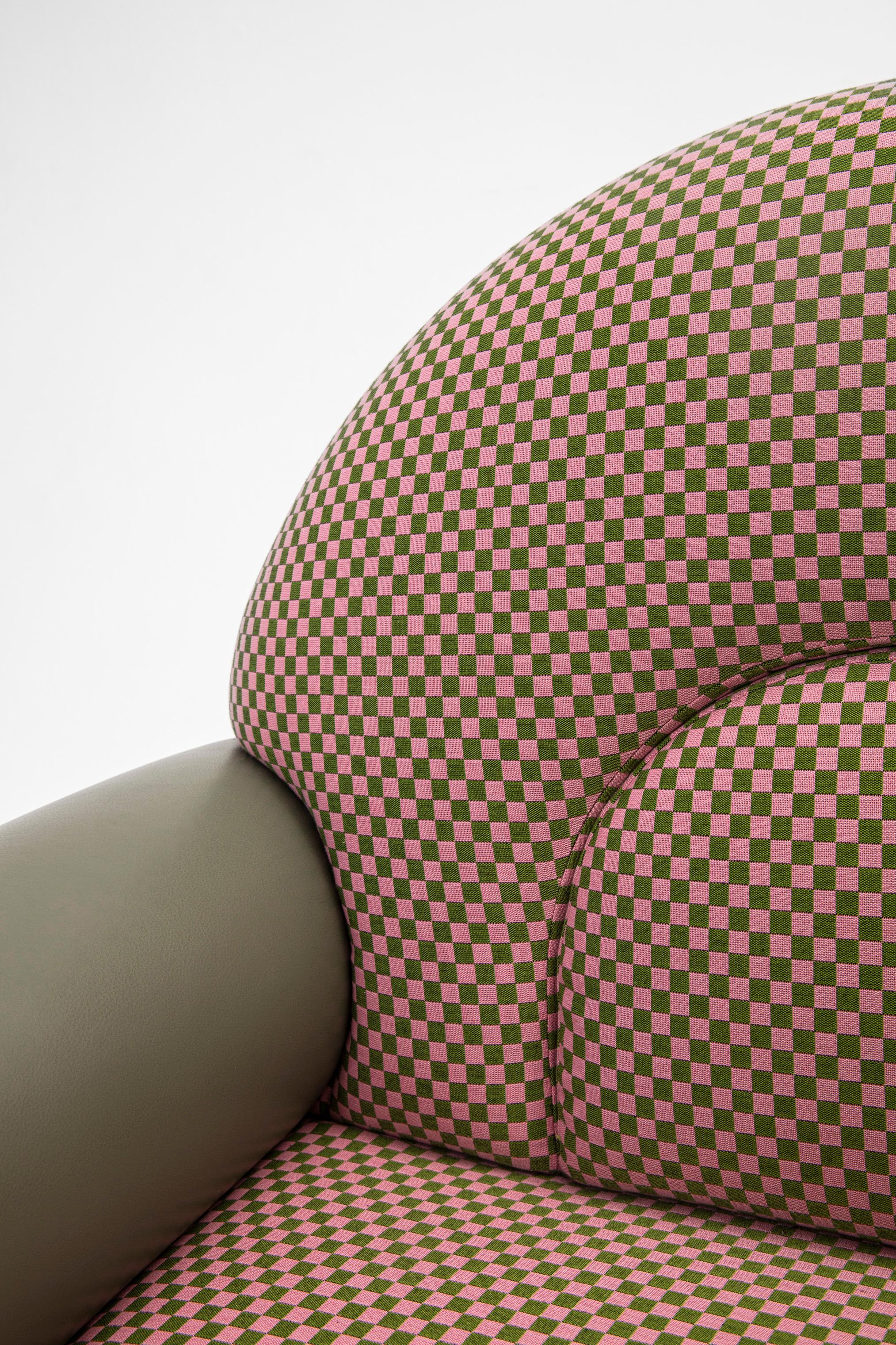 N-Gene Armchair with Cherry Checker Fabric and Olive Leather In New Condition For Sale In New York, NY