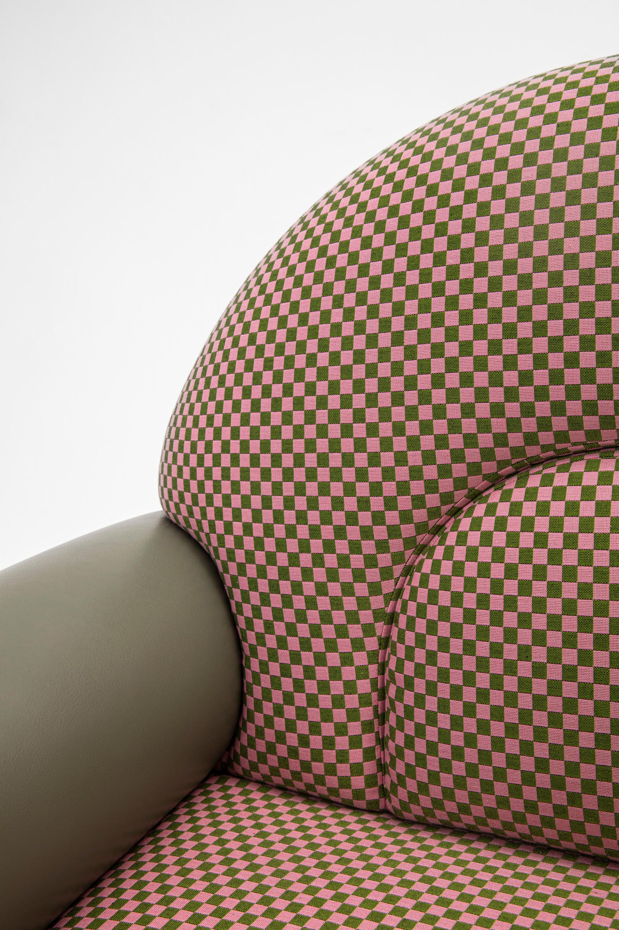 N-Gene Armchair with Cherry Checker Fabric and Olive Leather In New Condition For Sale In Istanbul, TR