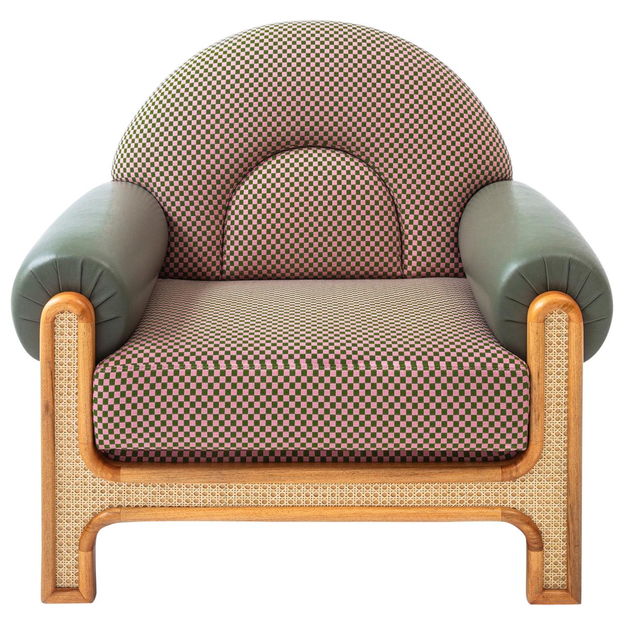 N-Gene Armchair with Cherry Checker Fabric and Olive Leather For Sale