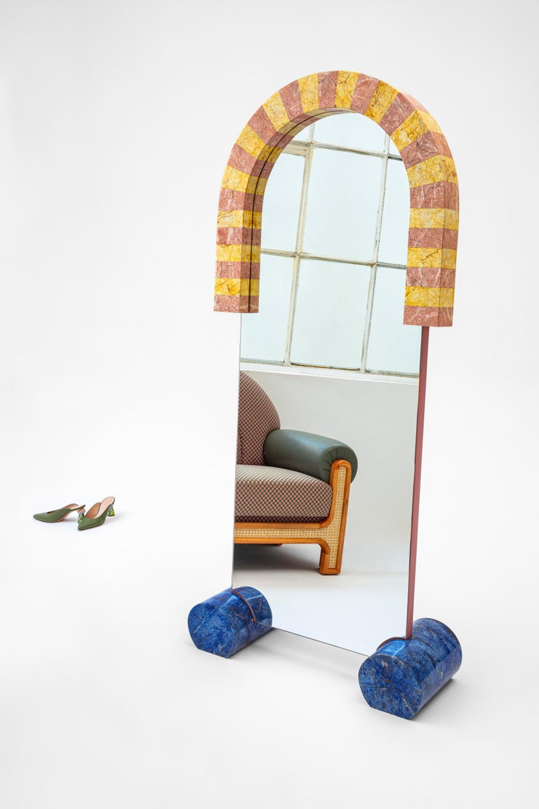 NGene Armchair with Green Checker Fabric and Purple Leather For Sale