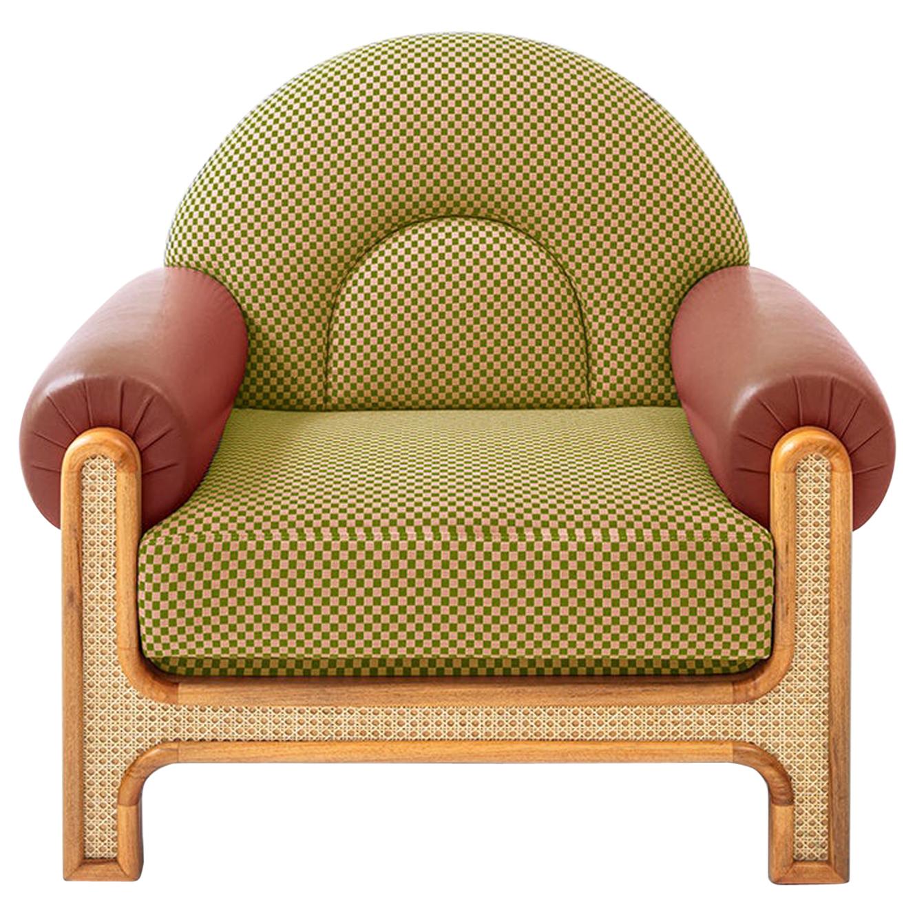 N-Gene Armchair with Green Checker Fabric and Purple Leather