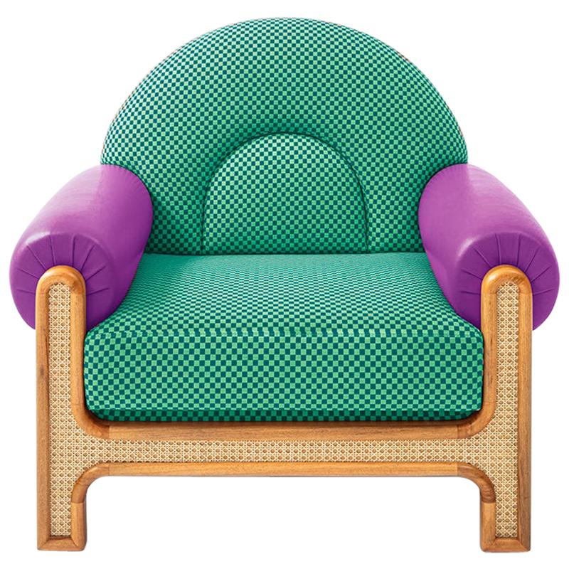 Fauteuil N-Gene avec tissu à carreaux verts et cuir violet en vente