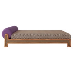 N-Gene Wooden Daybed with Cane, Leather and Checkered Fabric