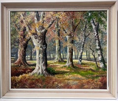 Foresta d'autunno 1970, pittura ad olio firmata in inglese, radura di alberi nel bosco