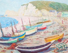 Mid Century French Signed Oil Boats Moored on White Cliff Beach Coastal Seascape