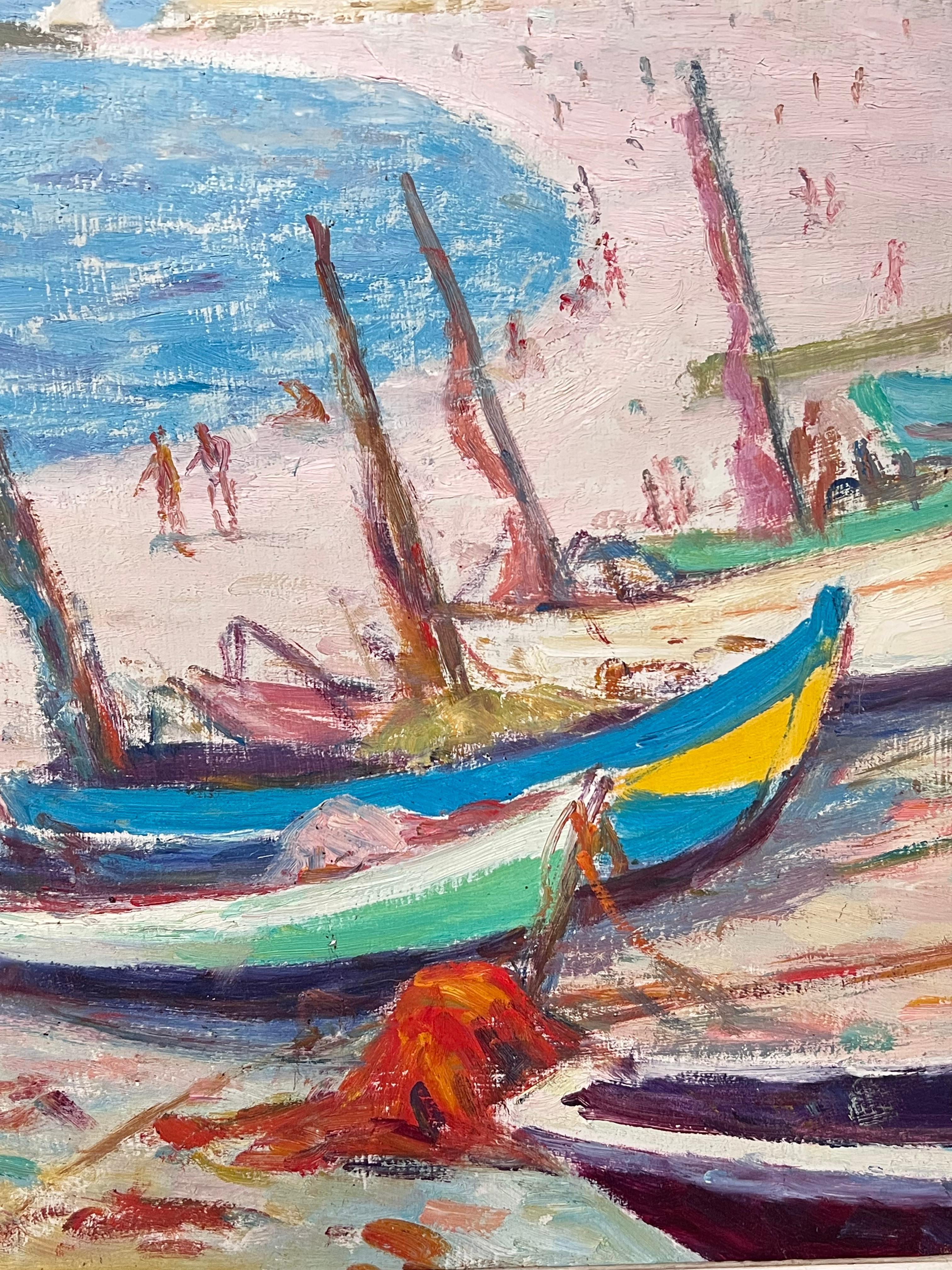 Boats am Strand
Französische Schule, Mitte des 20. Jahrhunderts
unterzeichnet N. Hauvette
signiertes Öl auf Karton, gerahmt im Originalrahmen. 
Gerahmt: 22 x 28 Zoll
Brett: 18 x 24 Zoll
Provenienz: Privatsammlung, Frankreich
Condit: sehr guter