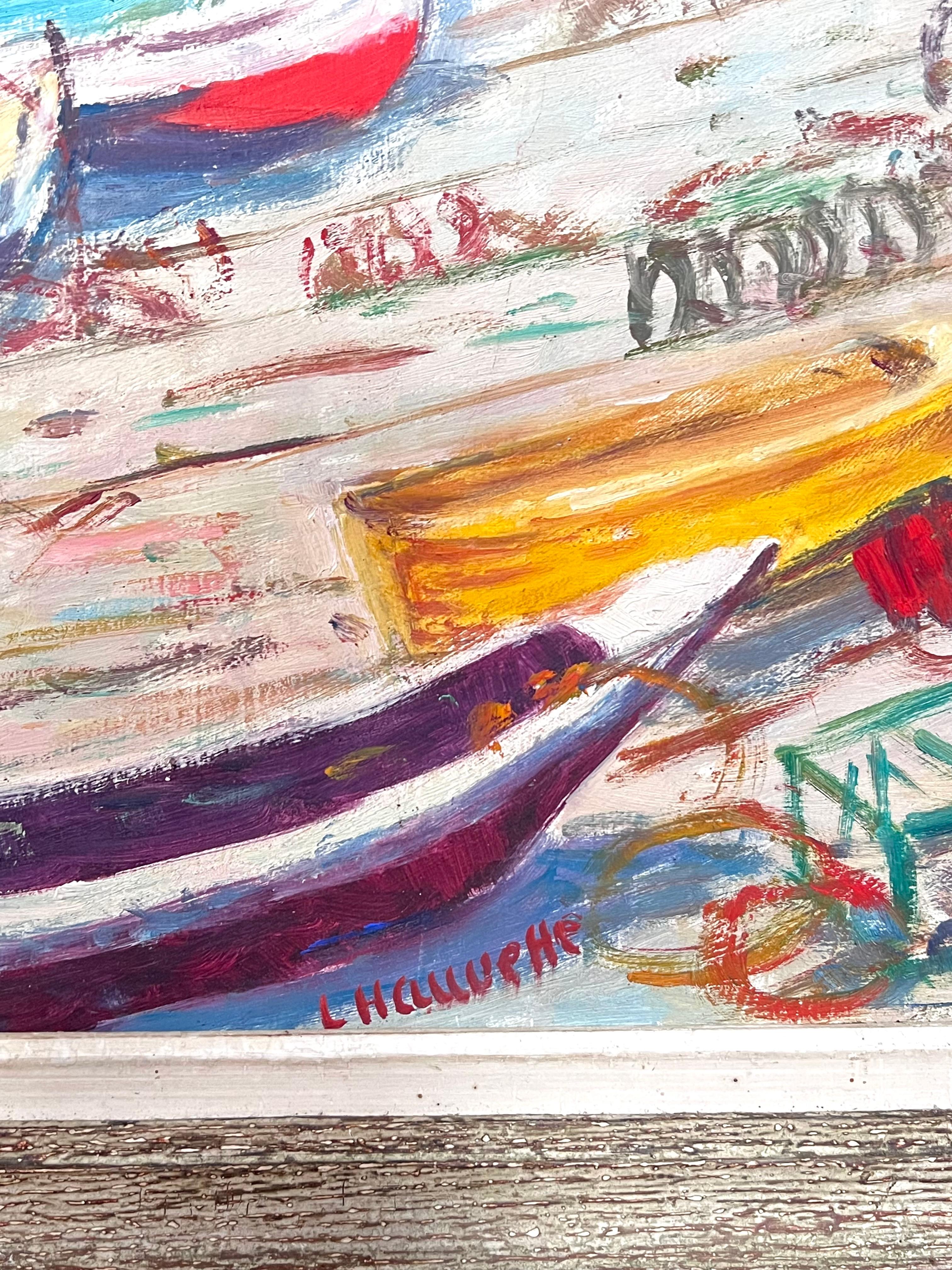 Mid Century Französisch signiert Öl Boote vertäut auf White Cliff Beach Coastal Seascape im Angebot 1