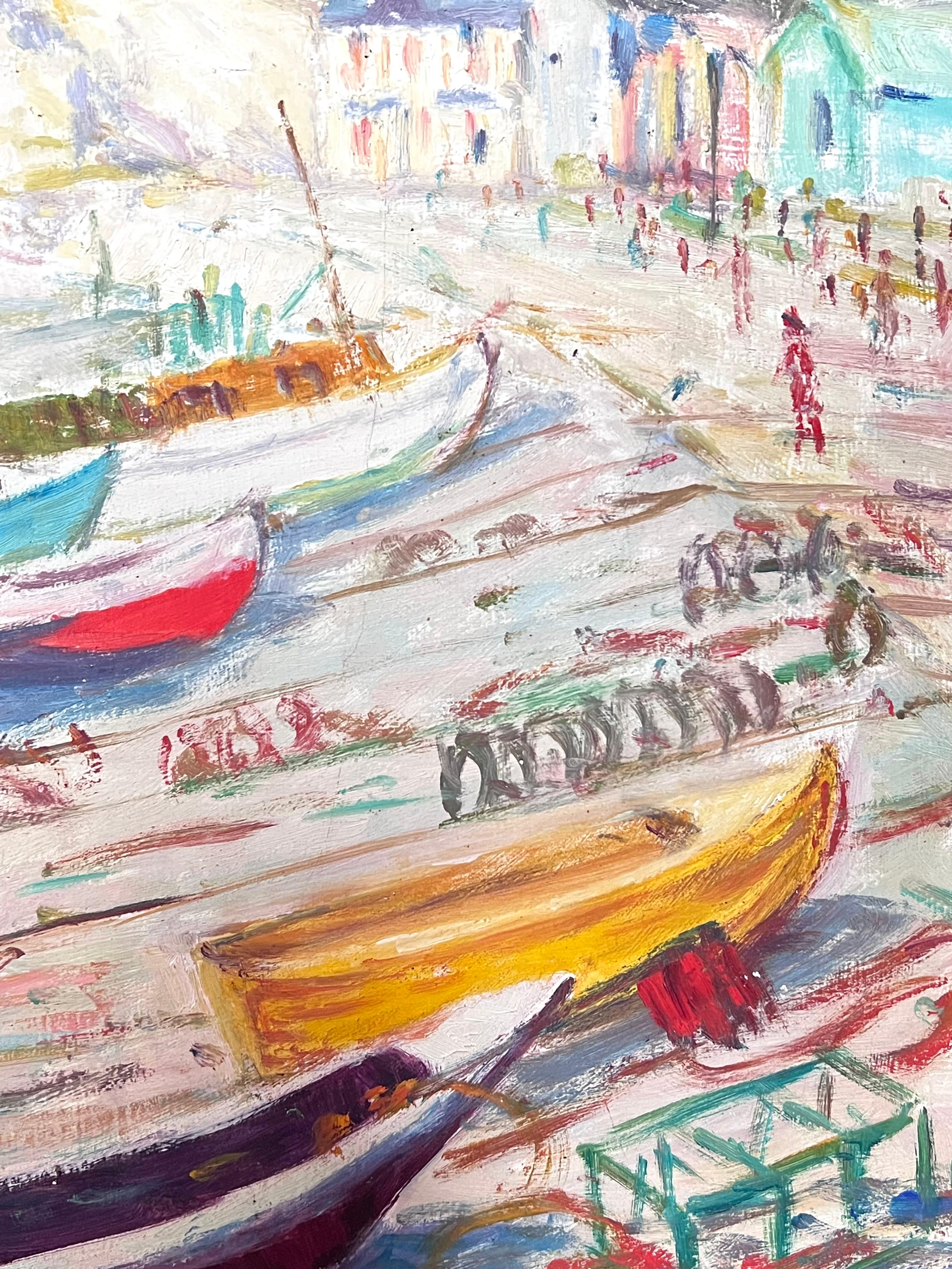 Mid Century Französisch signiert Öl Boote vertäut auf White Cliff Beach Coastal Seascape im Angebot 2