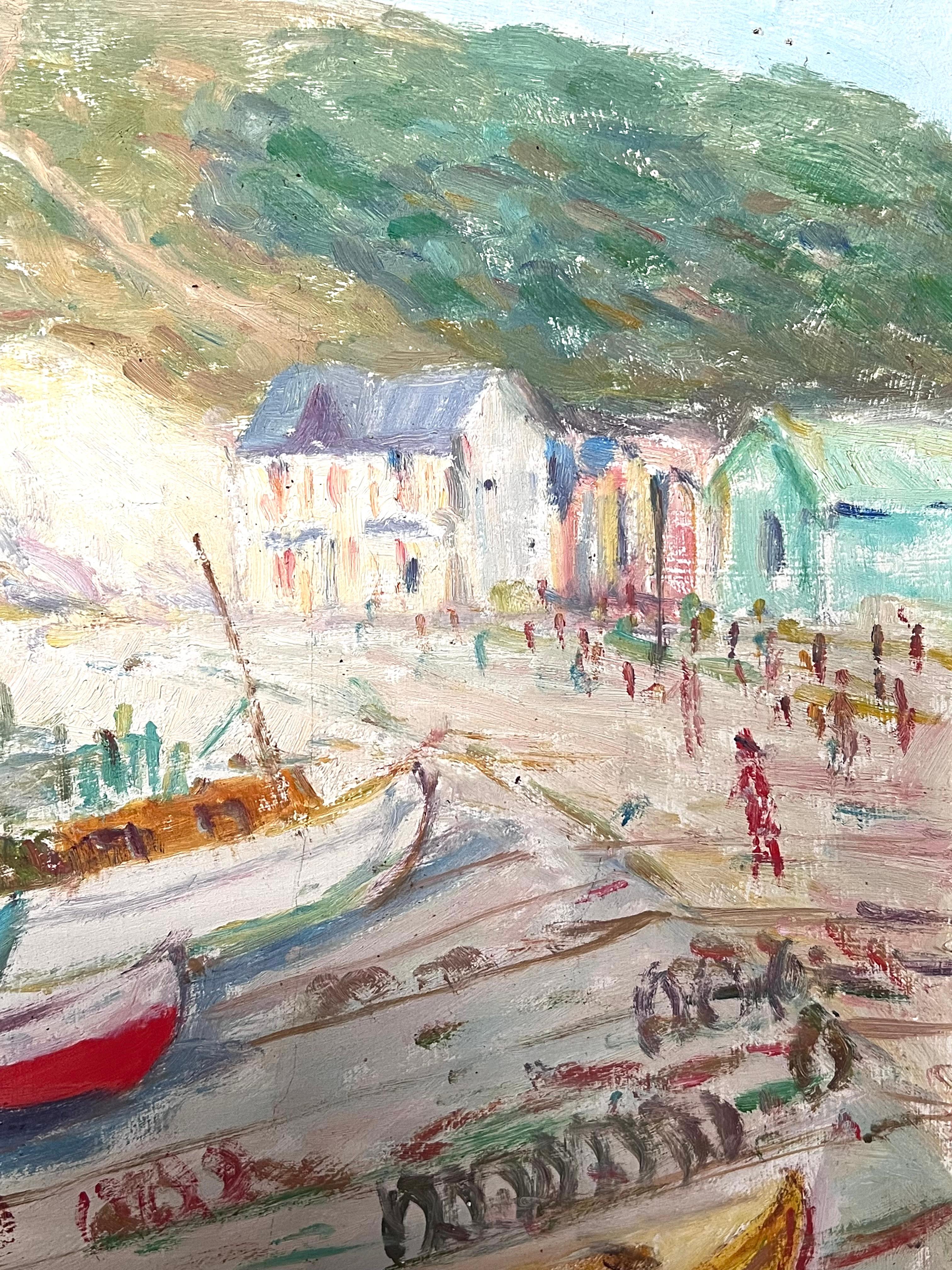 Mid Century Französisch signiert Öl Boote vertäut auf White Cliff Beach Coastal Seascape im Angebot 3