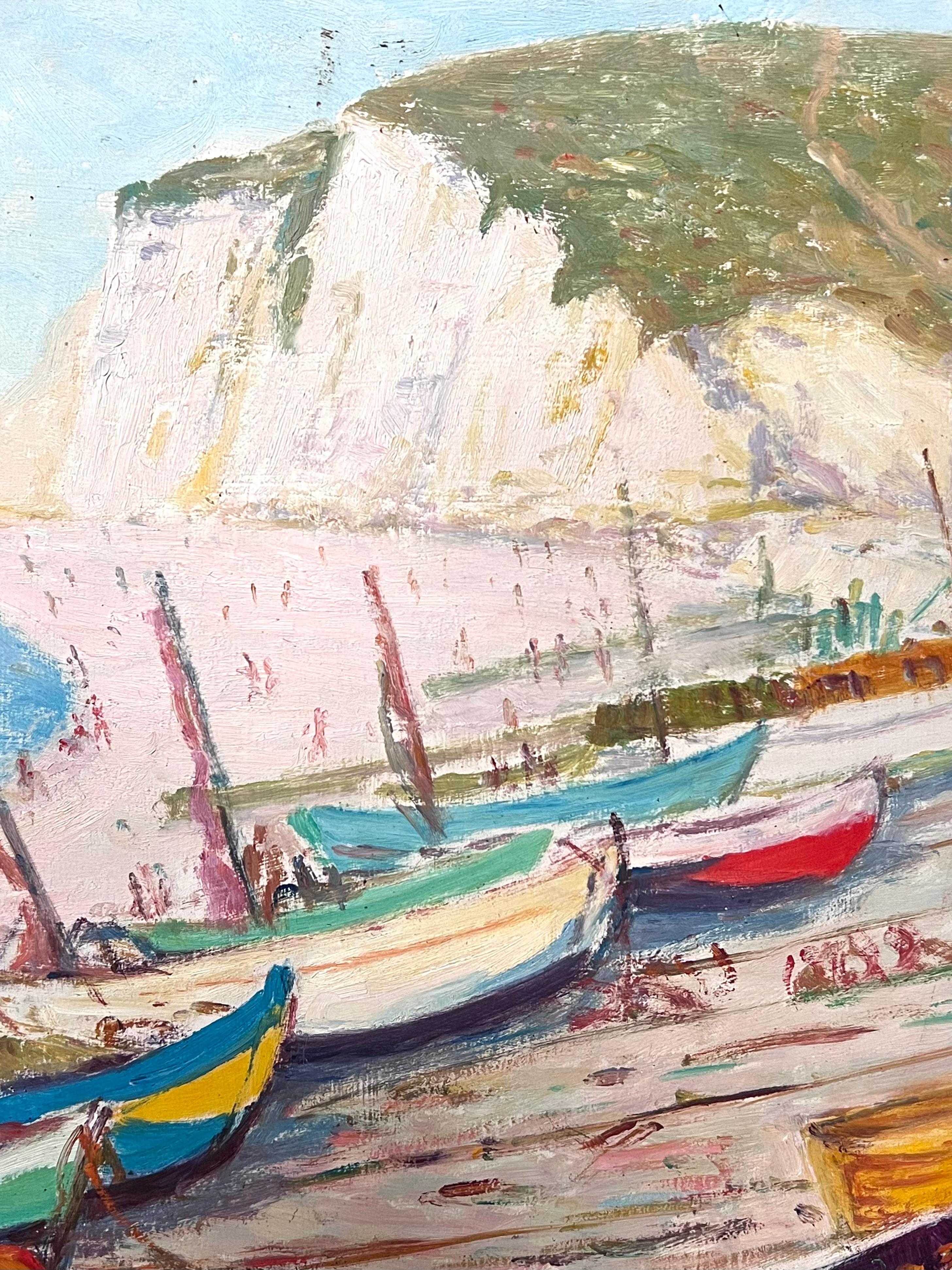 Mid Century Französisch signiert Öl Boote vertäut auf White Cliff Beach Coastal Seascape im Angebot 4