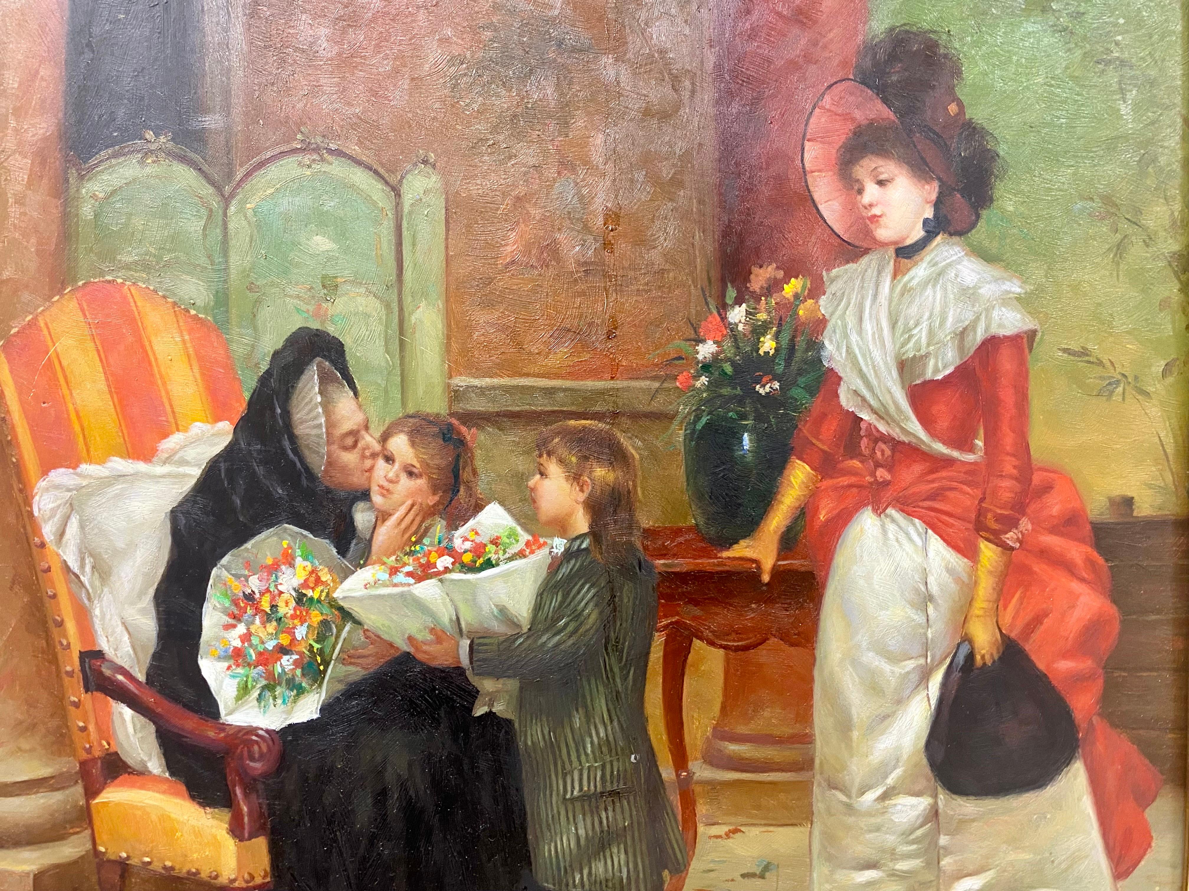 Huile impressionniste sur toile d'une réunion de famille, signée N. Henry Bingham  en vente 10