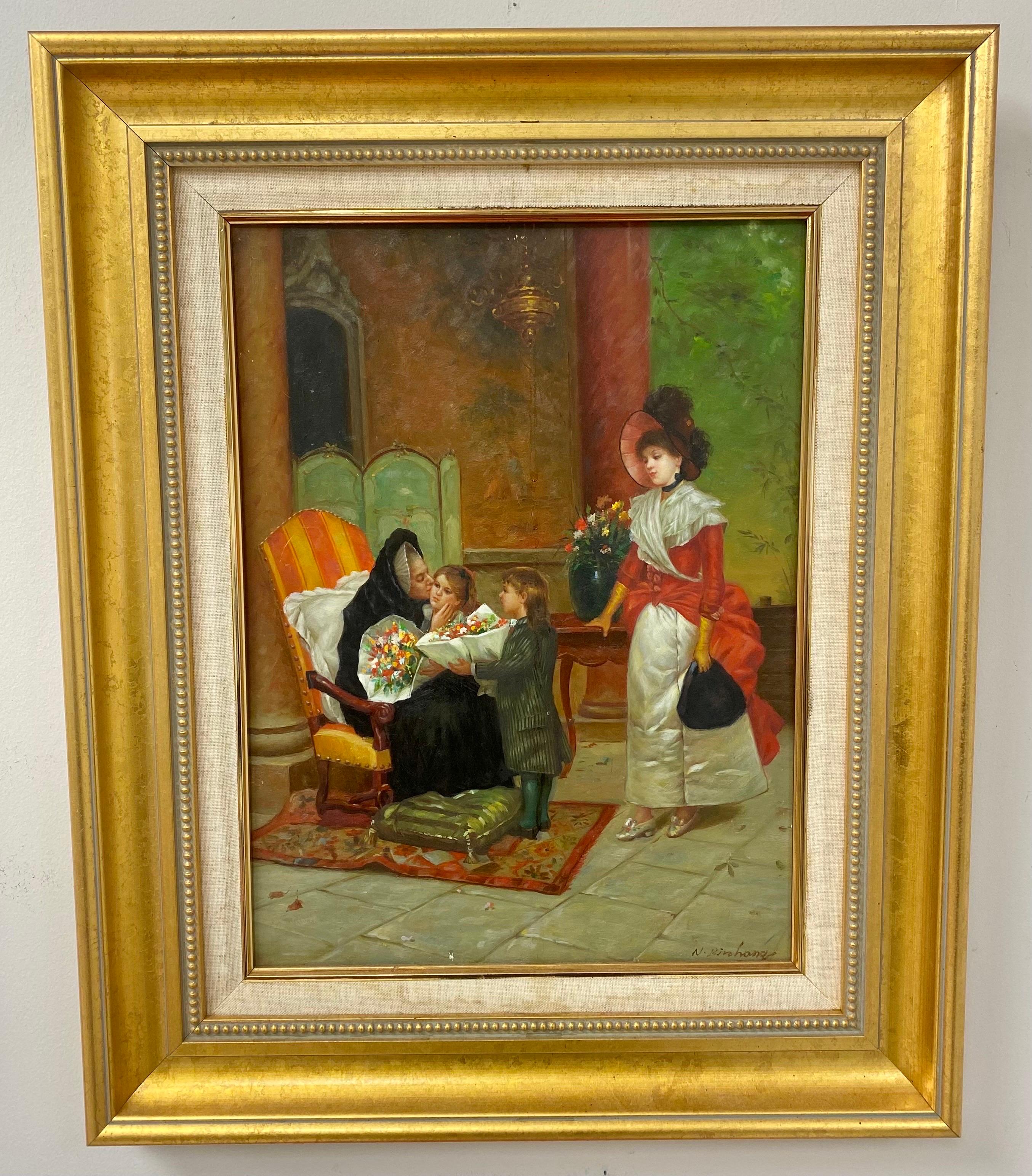 Impressionistisches Ölgemälde auf Leinwand von Henry Bingham, Familien reunion, signiert, N. Henry Bingham  im Angebot 1