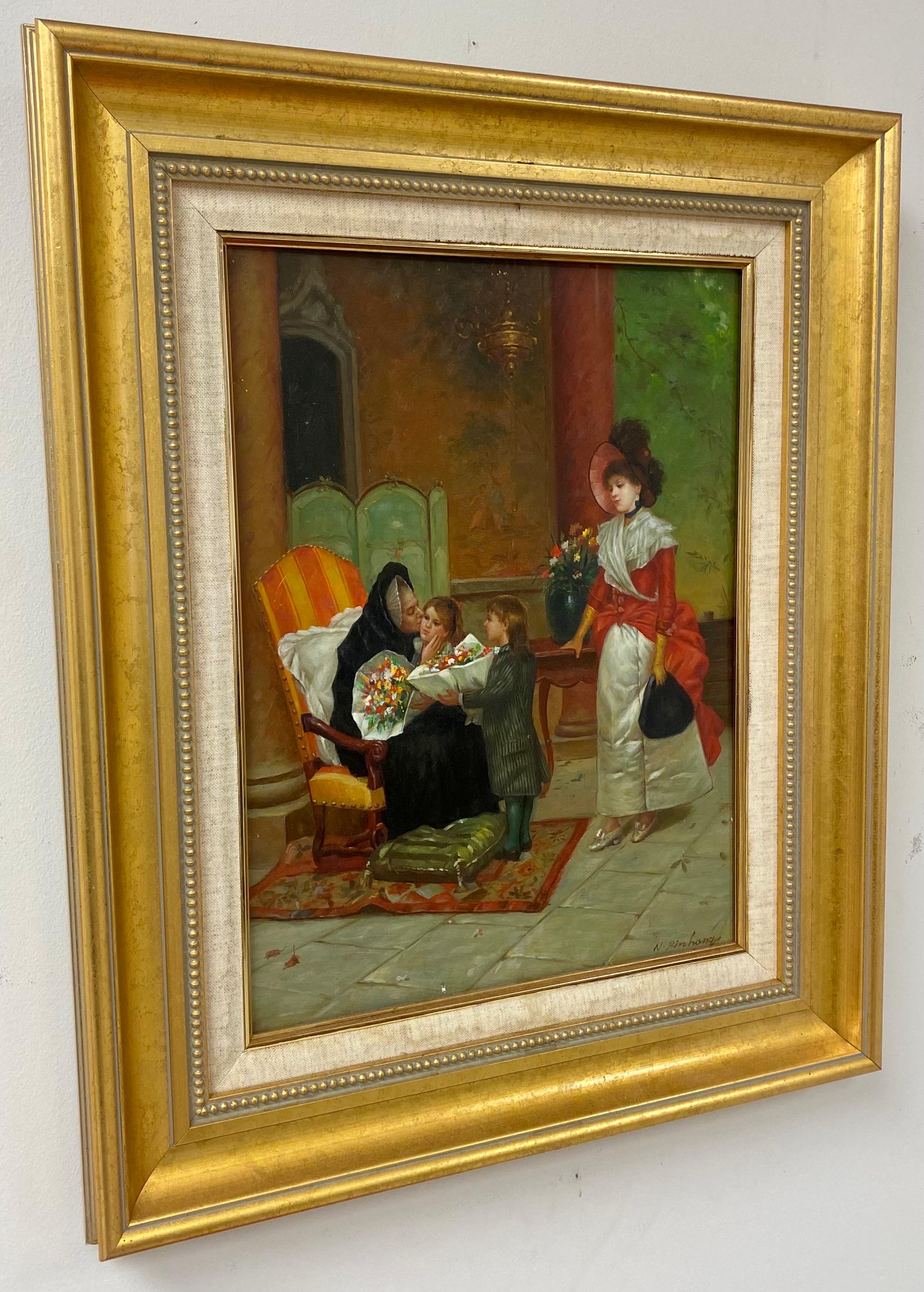 Huile impressionniste sur toile d'une réunion de famille, signée N. Henry Bingham  en vente 2